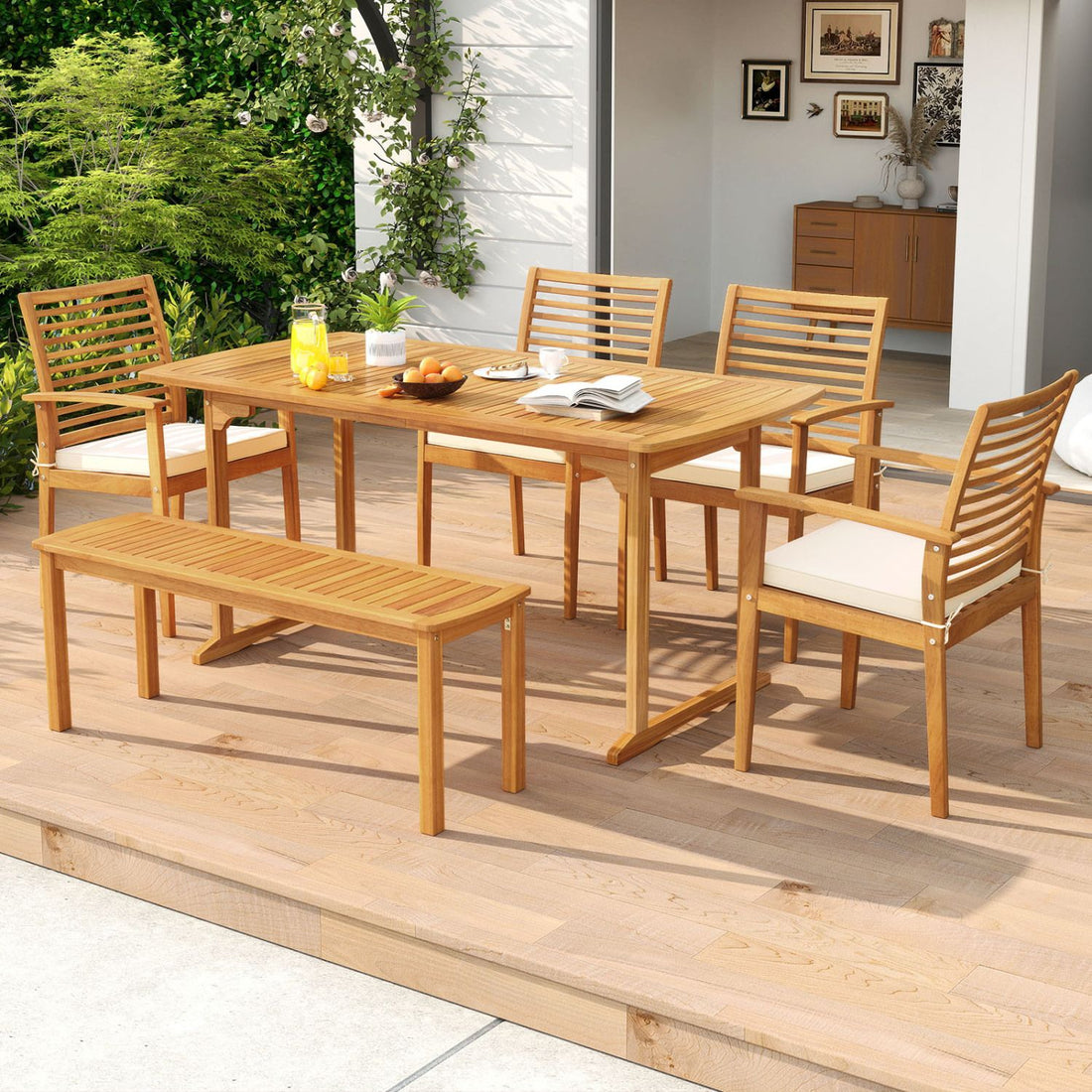 6 Pieces Outdoor Acacia Wood Dining Set with Umbrella Hole - Natural