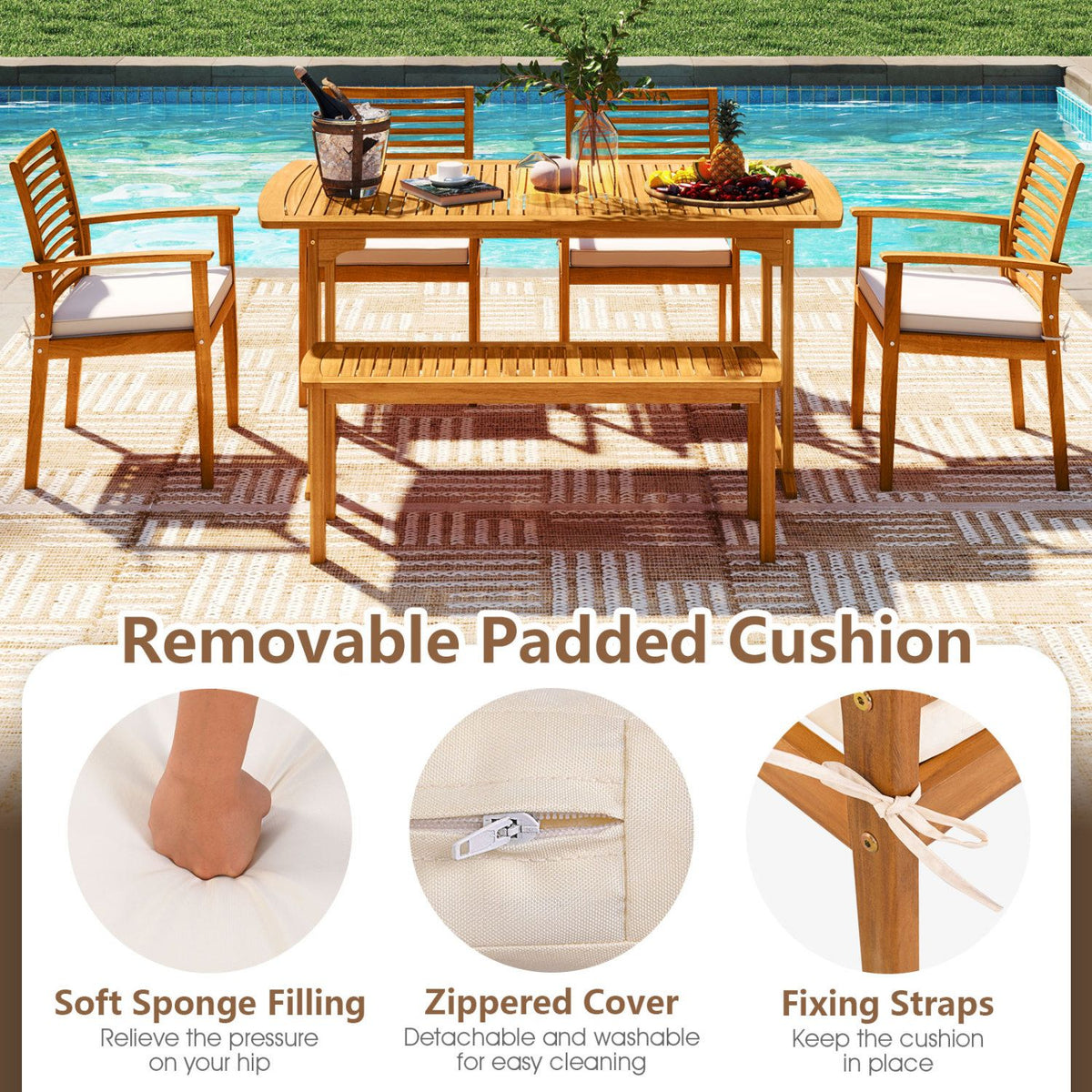 6 Pieces Outdoor Acacia Wood Dining Set with Umbrella Hole