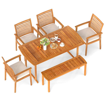 6 Pieces Outdoor Acacia Wood Dining Set with Umbrella Hole - Natural