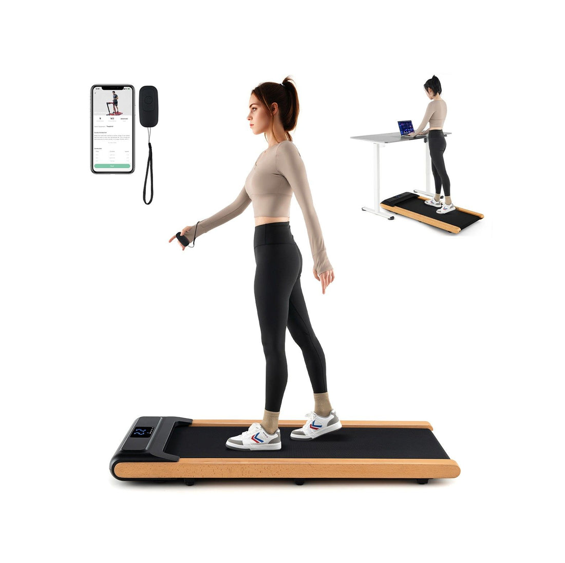 3-in-1 Walking Pad with Remote and Smart APP Control for Home Office - Black + Natural