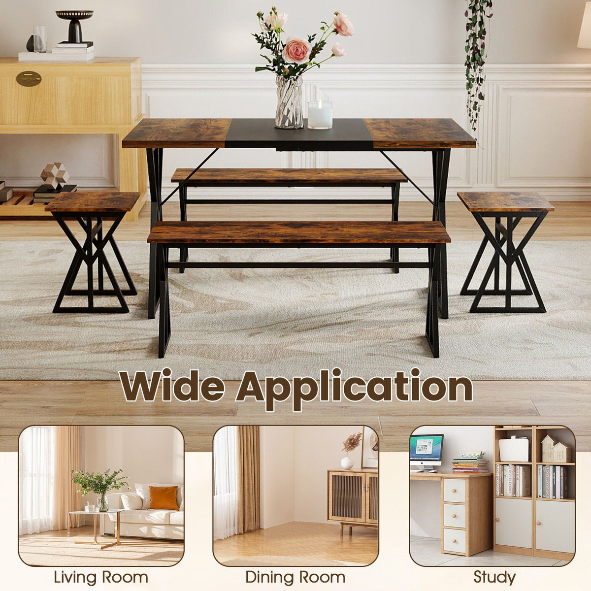5-Piece Dining Room Set Industrial Rectangular Kitchen Table with 2 Benches and 2 Stools