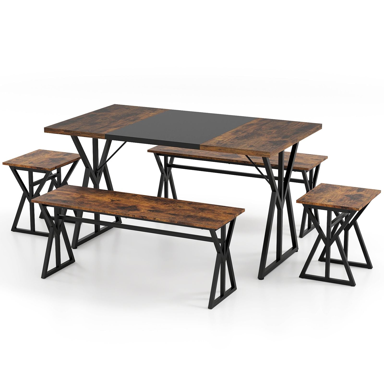 5-Piece Dining Room Set Industrial Rectangular Kitchen Table with 2 Benches and 2 Stools
