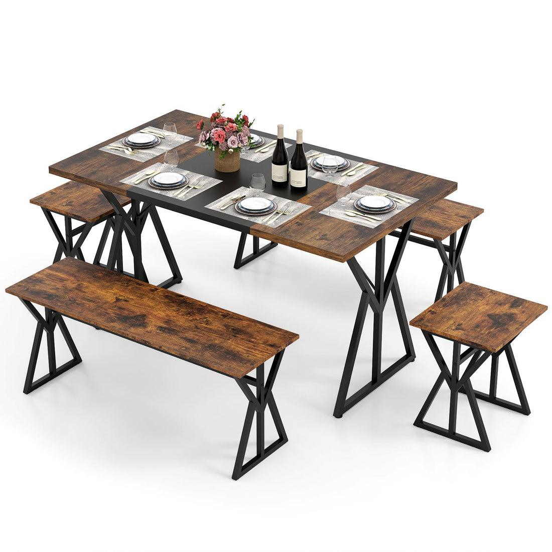 5-Piece Dining Room Set Industrial Rectangular Kitchen Table with 2 Benches and 2 Stools - Rustic Brown+Black