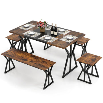 5-Piece Dining Room Set Industrial Rectangular Kitchen Table with 2 Benches and 2 Stools - Rustic Brown+Black