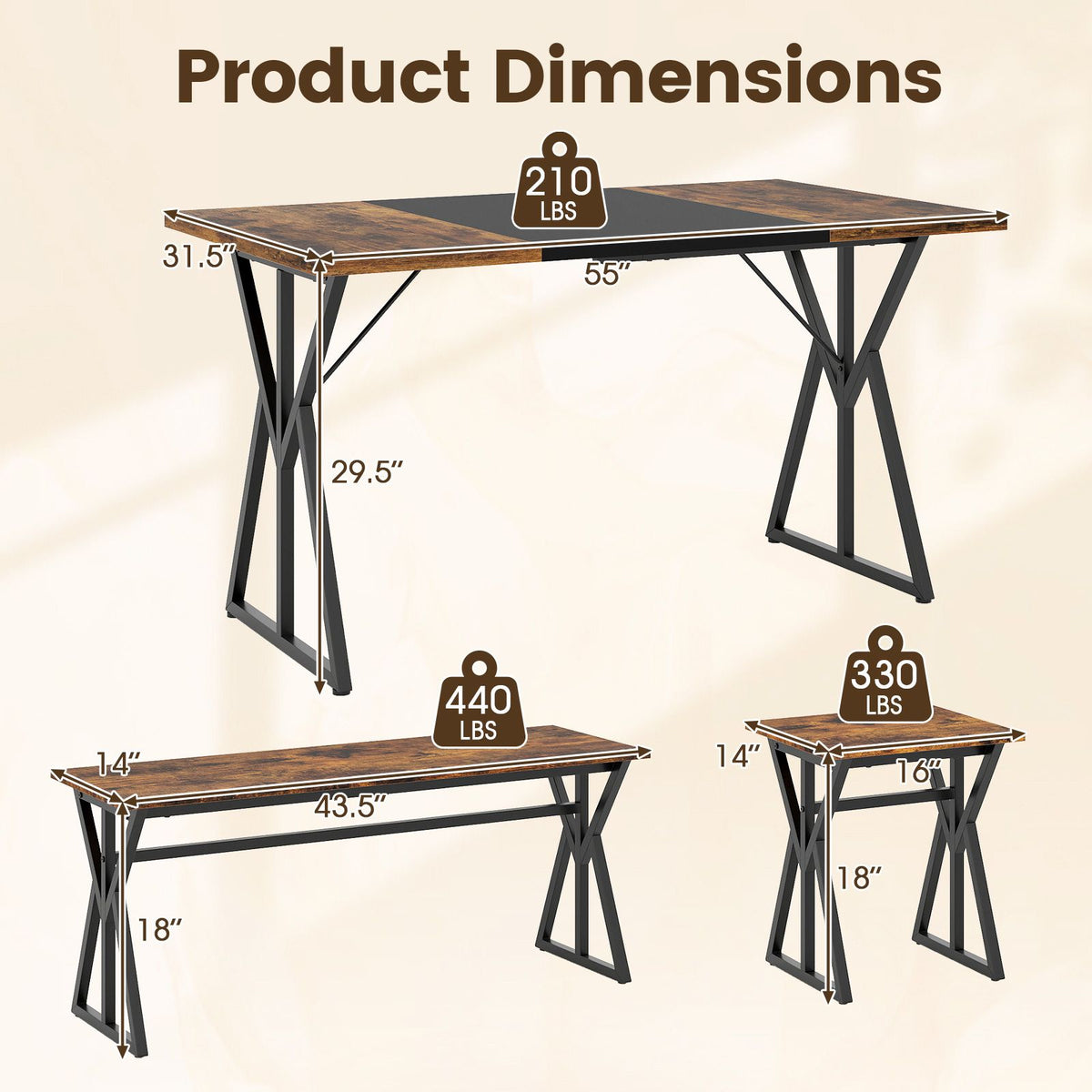5-Piece Dining Room Set Industrial Rectangular Kitchen Table with 2 Benches and 2 Stools
