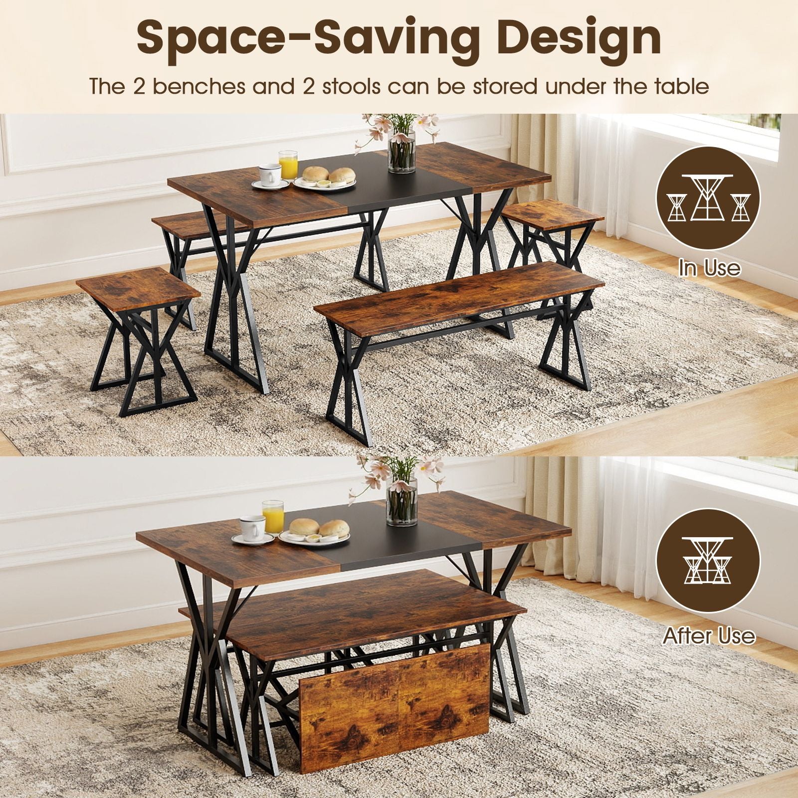 5-Piece Dining Room Set Industrial Rectangular Kitchen Table with 2 Benches and 2 Stools