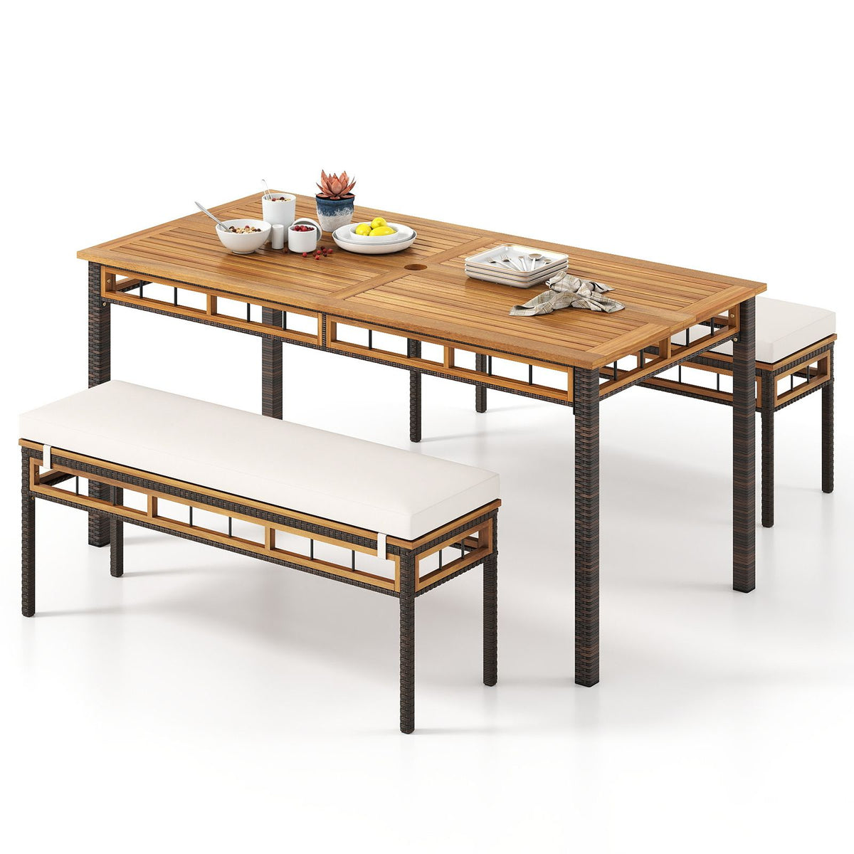 3 Pieces Acacia Wood Patio Dining Set for Deck and Backyard - Mix Brown