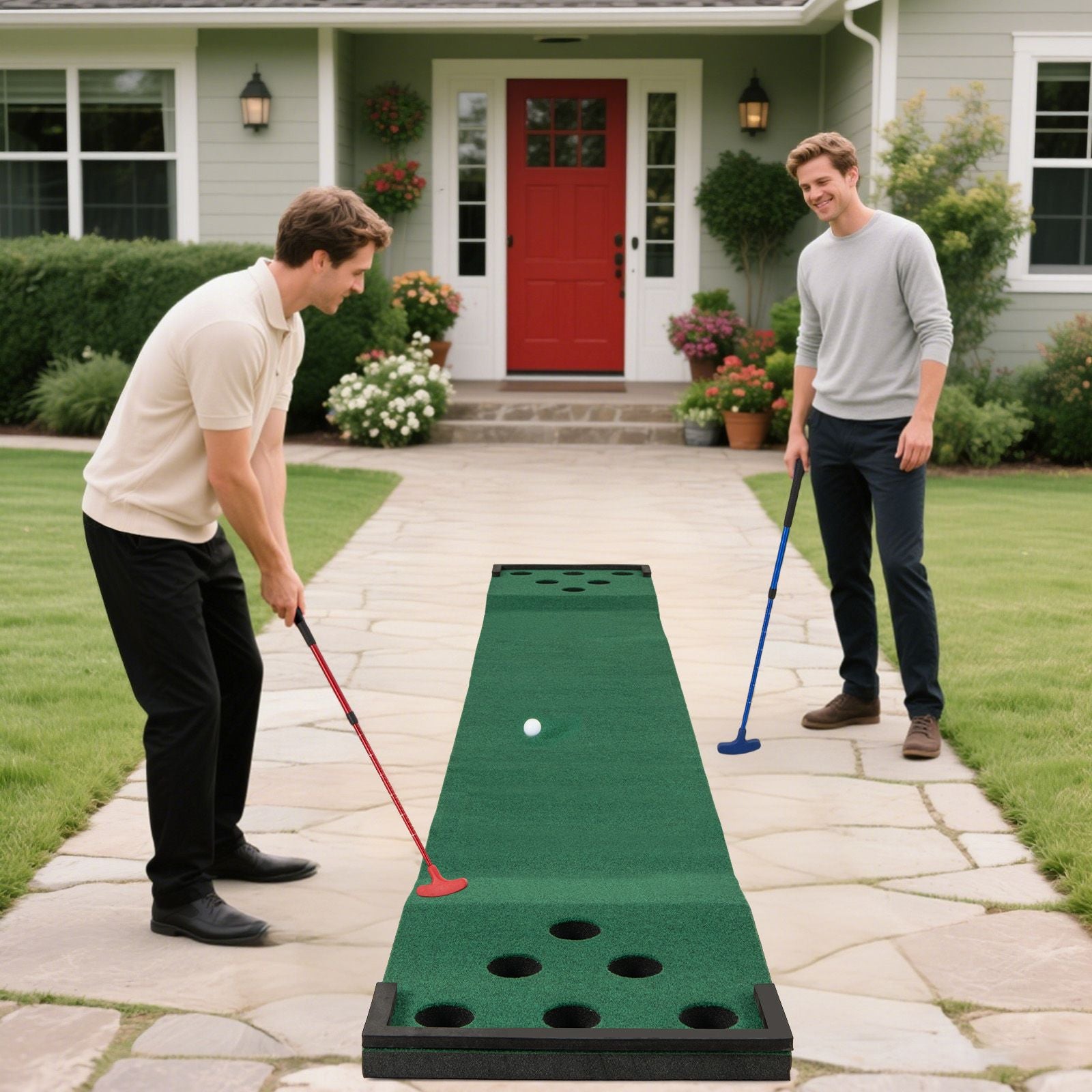 11 FT Indoor Outdoor Putting Green Mat with 2 Adjustable Putters and 6 Balls - Green