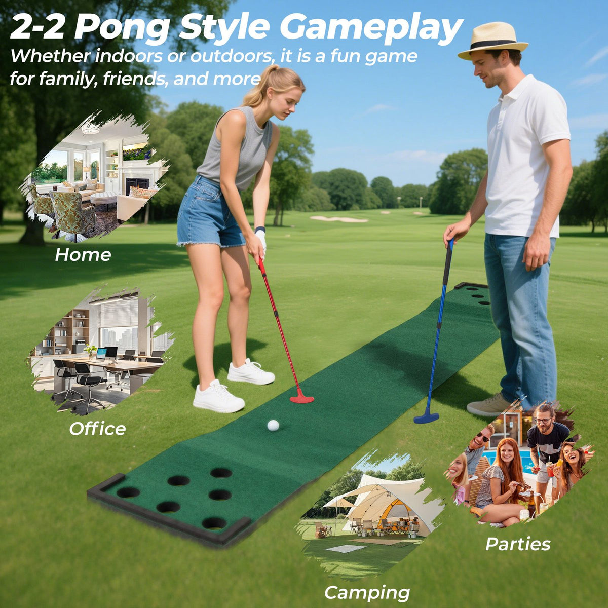 11 FT Indoor Outdoor Putting Green Mat with 2 Adjustable Putters and 6 Balls