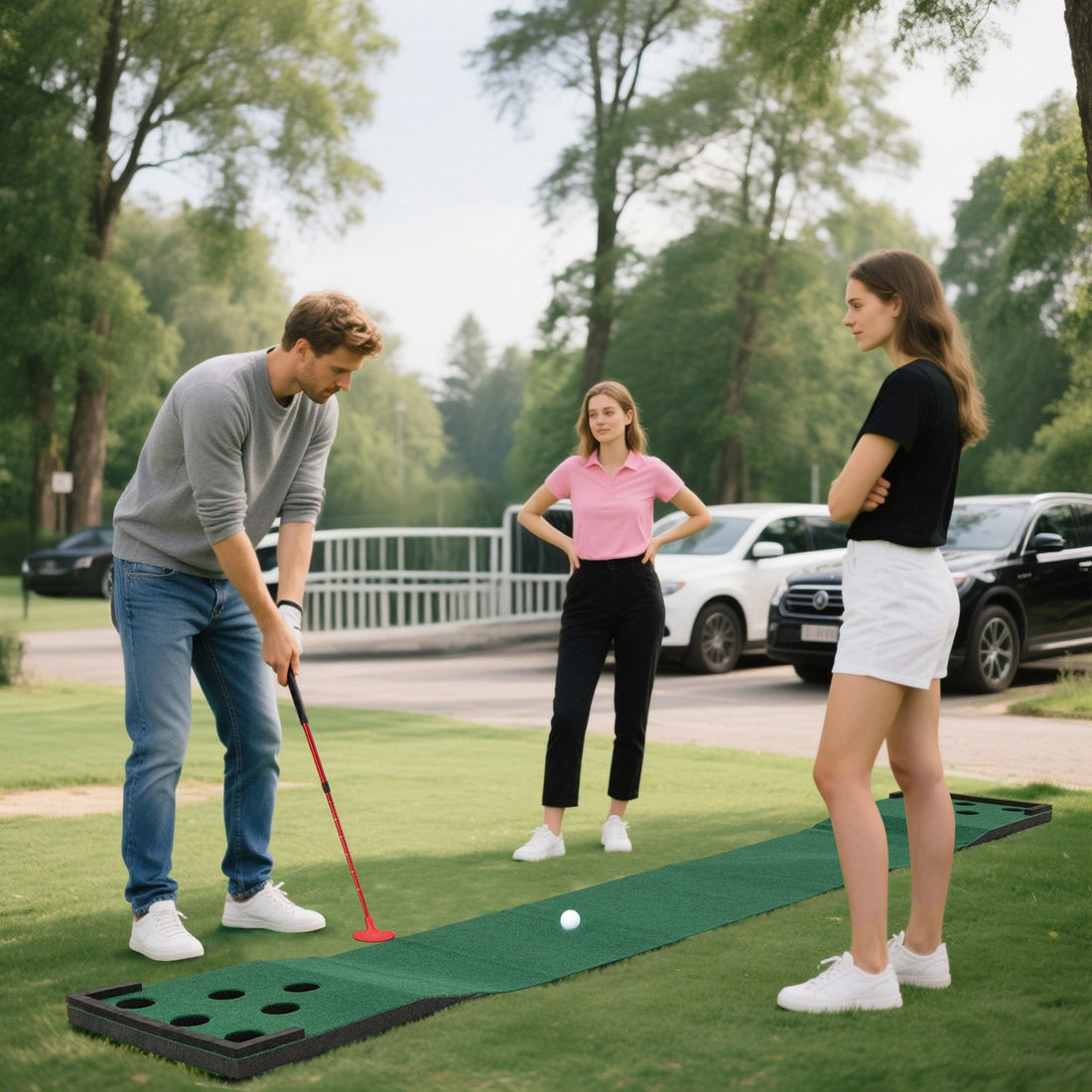 11 FT Indoor Outdoor Putting Green Mat with 2 Adjustable Putters and 6 Balls - Green