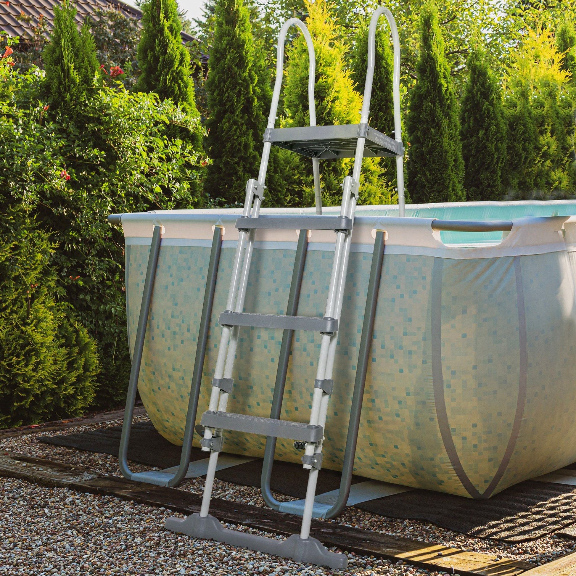 Outsunny 70 in Above-Ground Pool A-Frame Ladder with Platform, Gray
