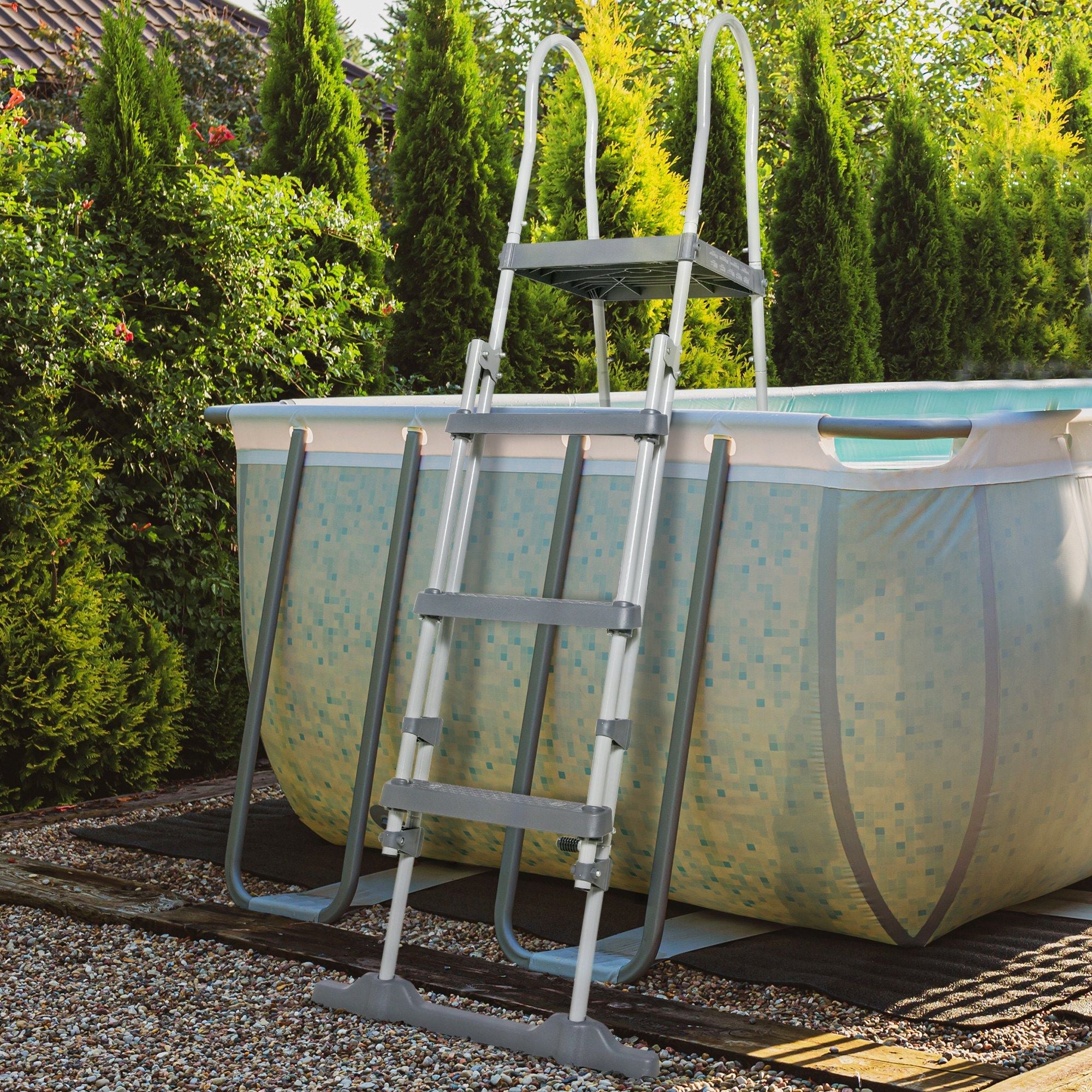 Outsunny 70 in Above-Ground Pool A-Frame Ladder with Platform, Gray