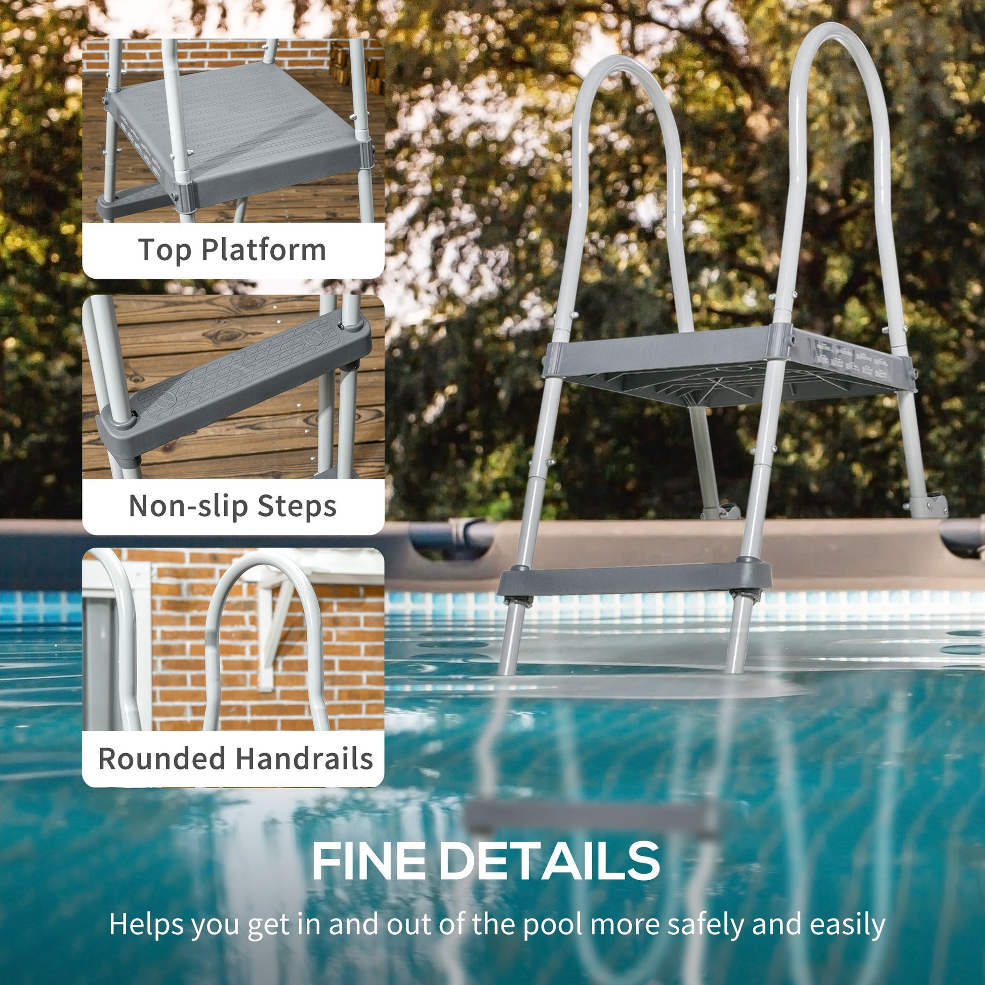 Outsunny 70 in Above-Ground Pool A-Frame Ladder with Platform, Gray