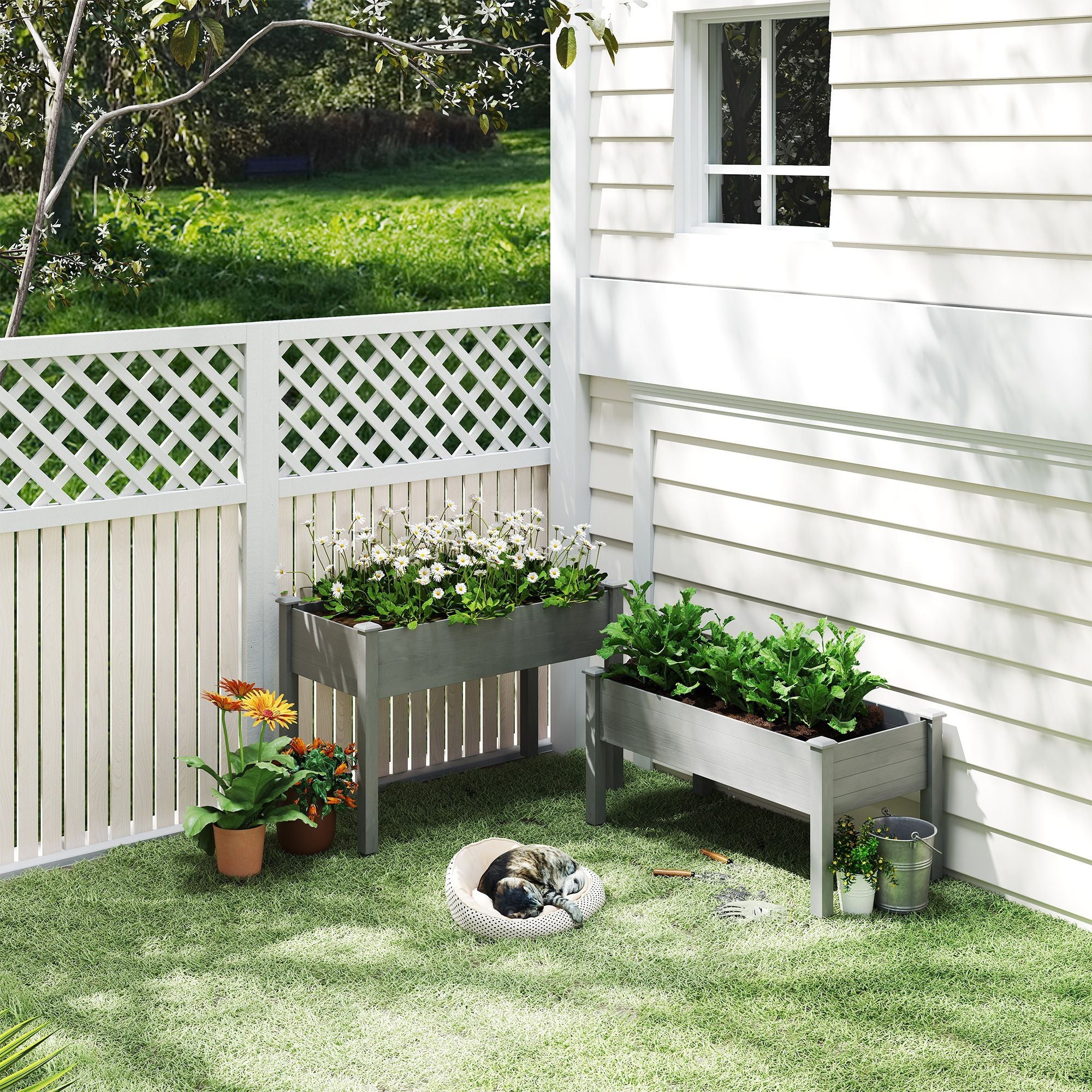 Outsunny 2-Tier Elevated Wooden Raised Garden Bed, Gray