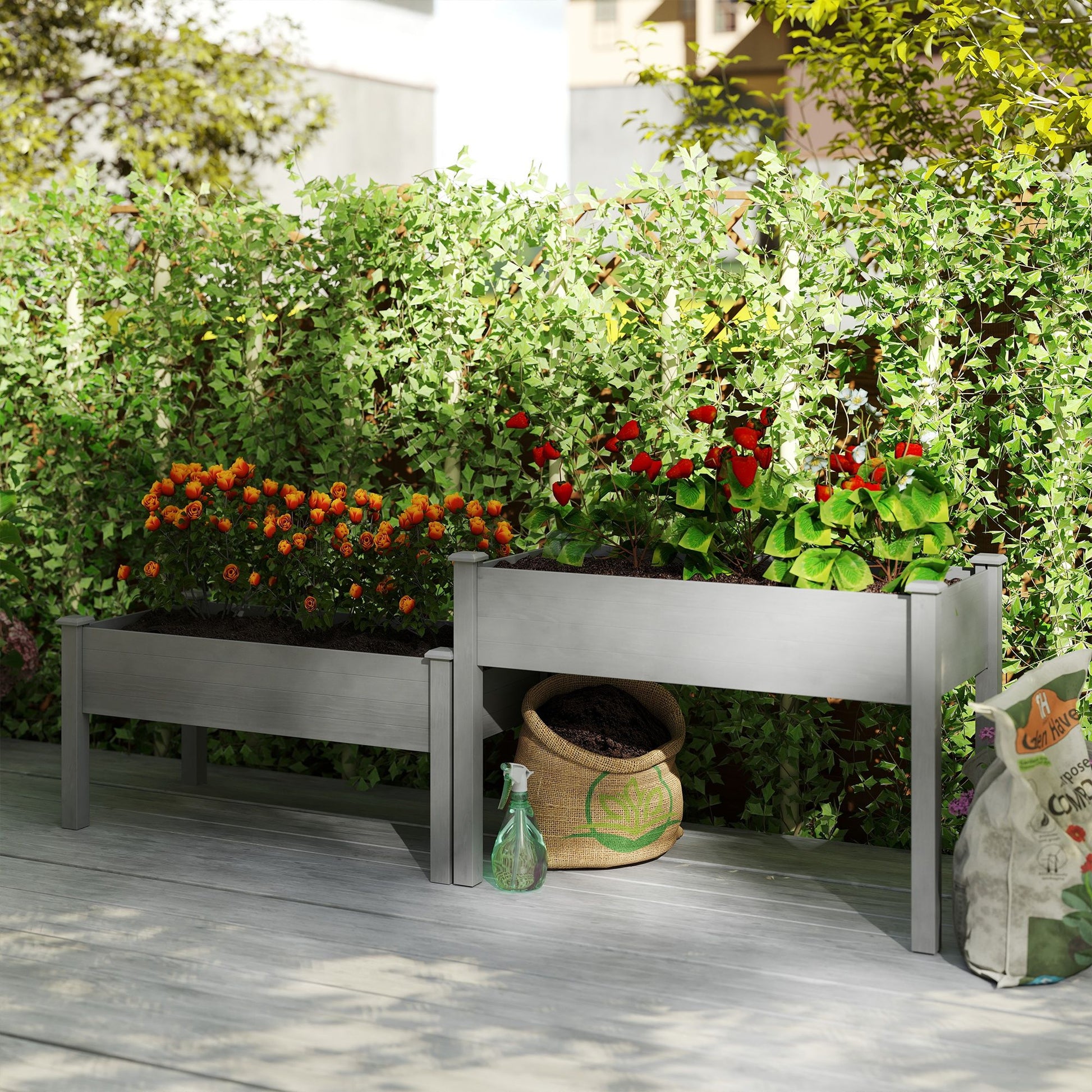 Outsunny 2-Tier Elevated Wooden Raised Garden Bed, Gray