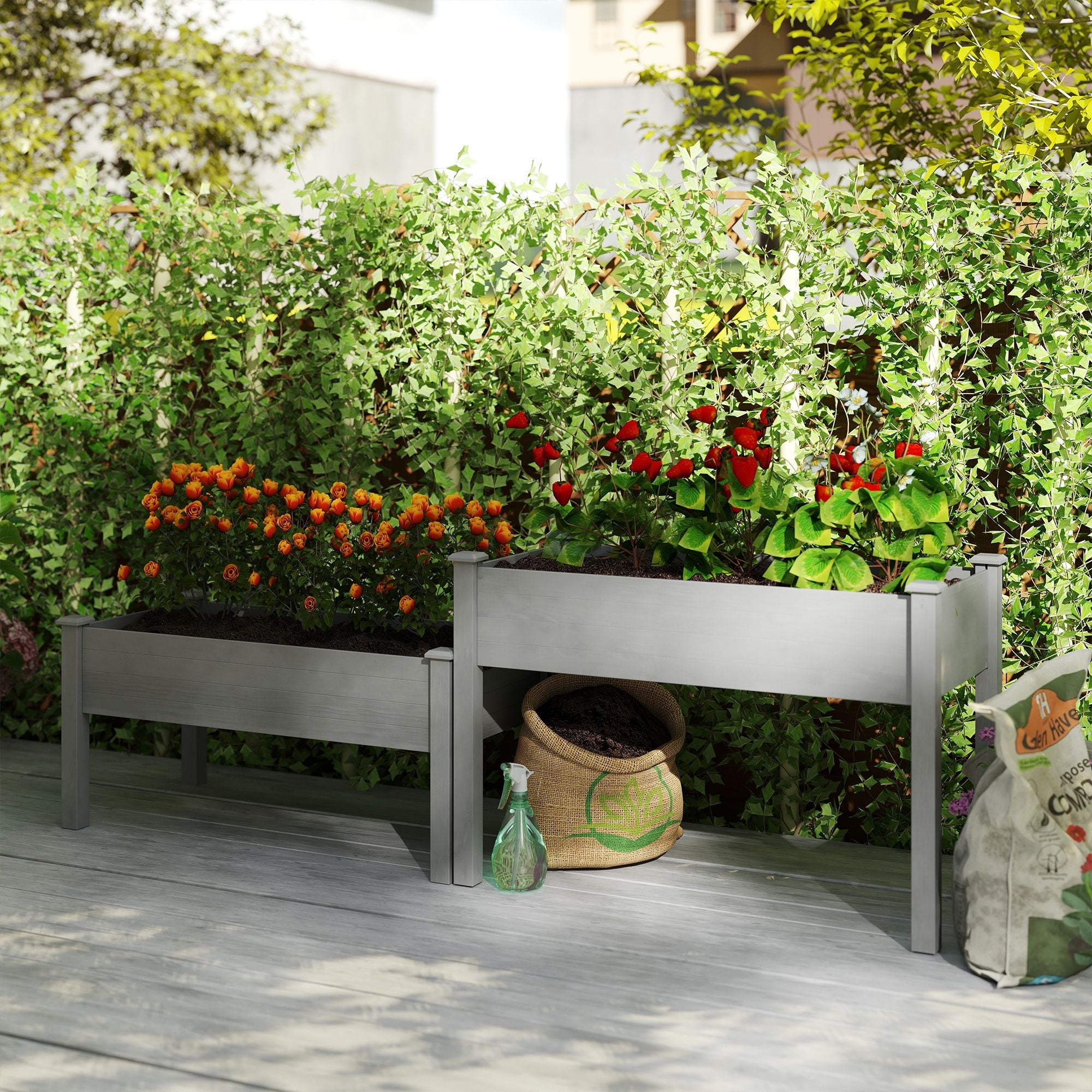 Outsunny 2-Tier Elevated Wooden Raised Garden Bed, Gray
