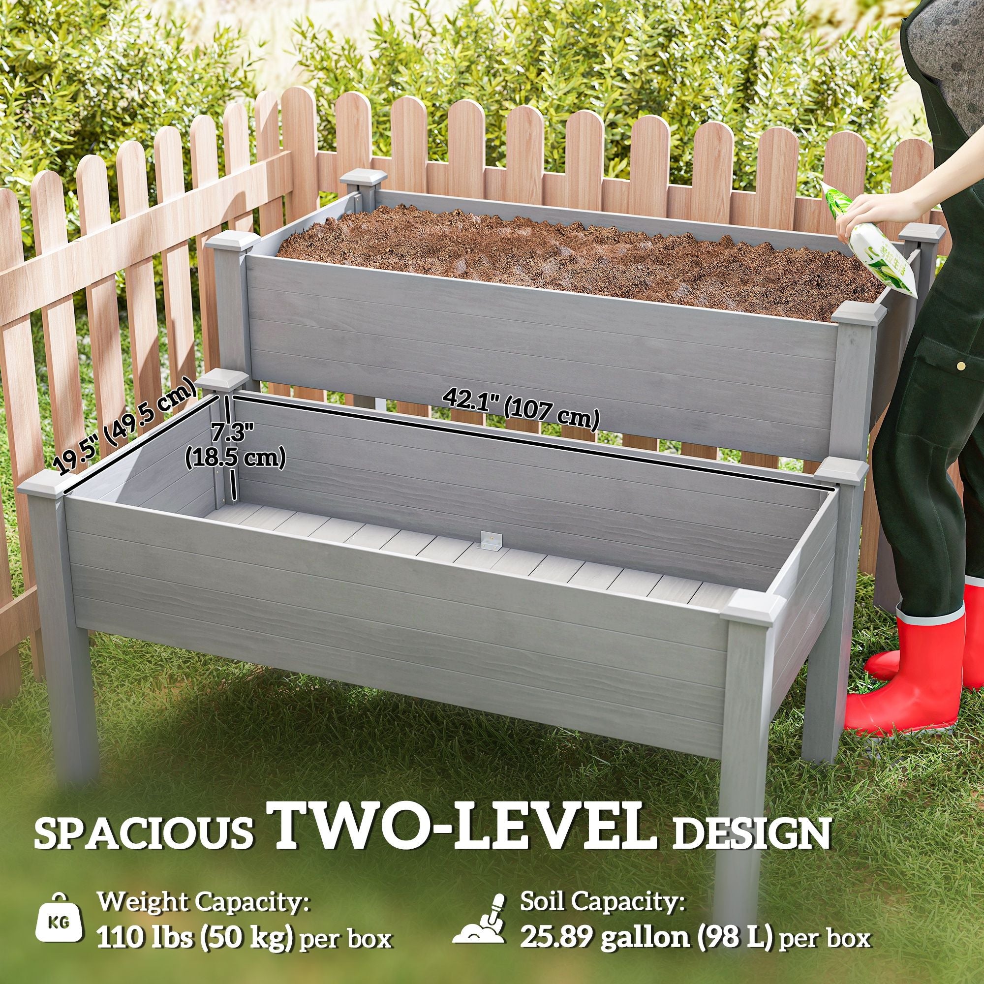 Outsunny 2-Tier Elevated Wooden Raised Garden Bed, Gray