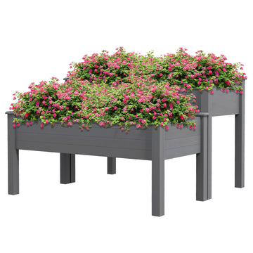 Outsunny 2-Tier Elevated Wooden Raised Garden Bed, Gray