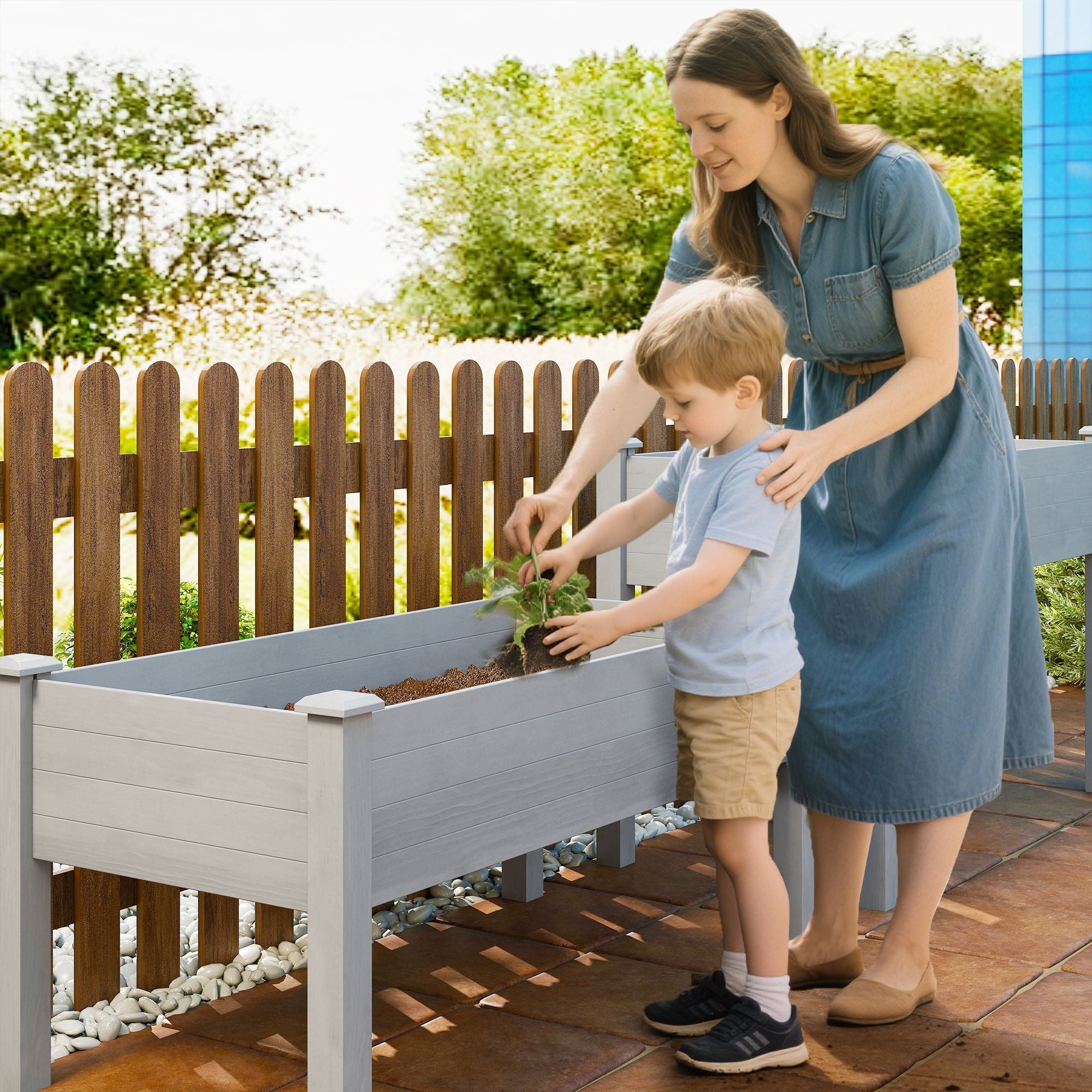 Outsunny 2-Tier Elevated Wooden Raised Garden Bed, Gray