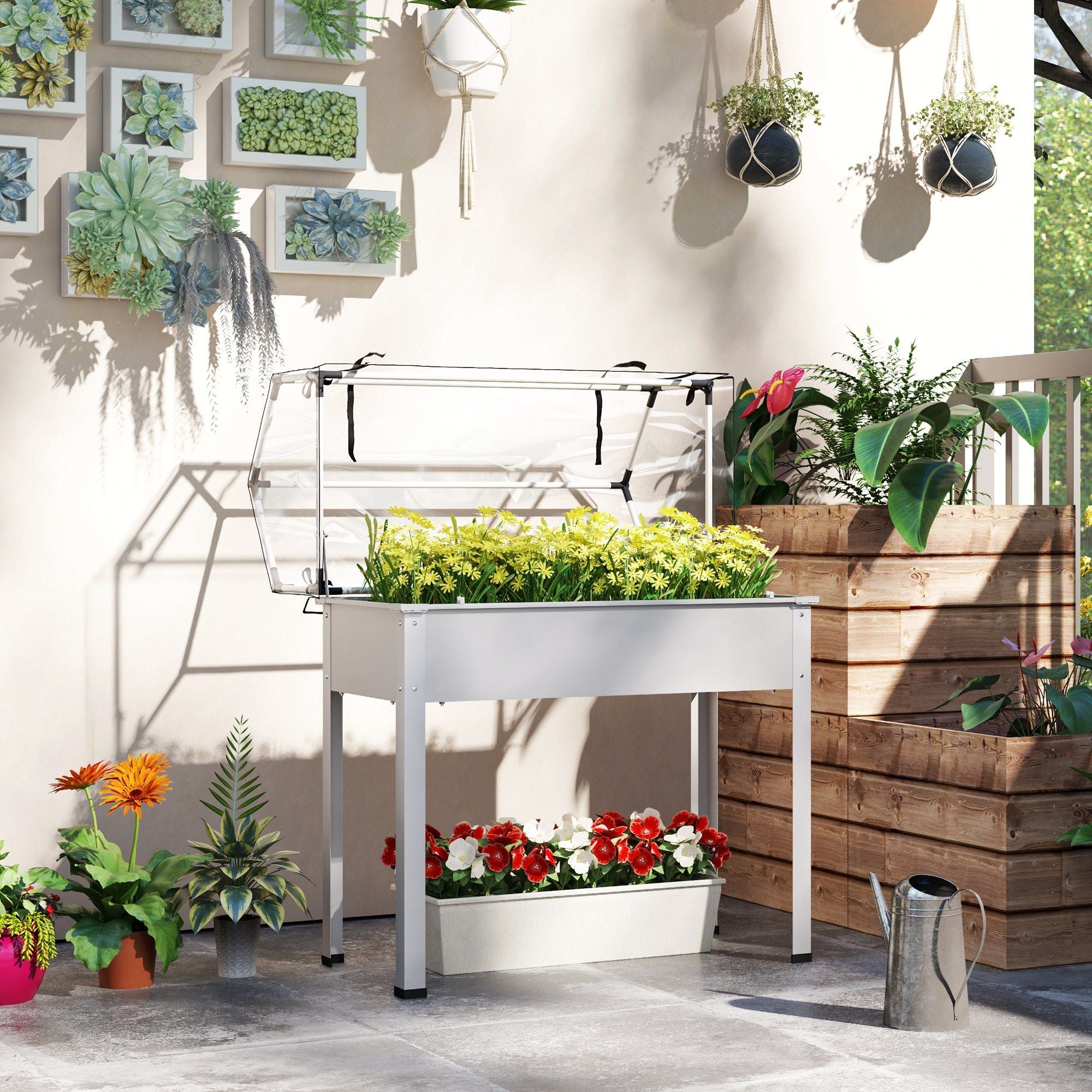 Outsunny Elevated Raised Garden Bed with Greenhouse Cover, White