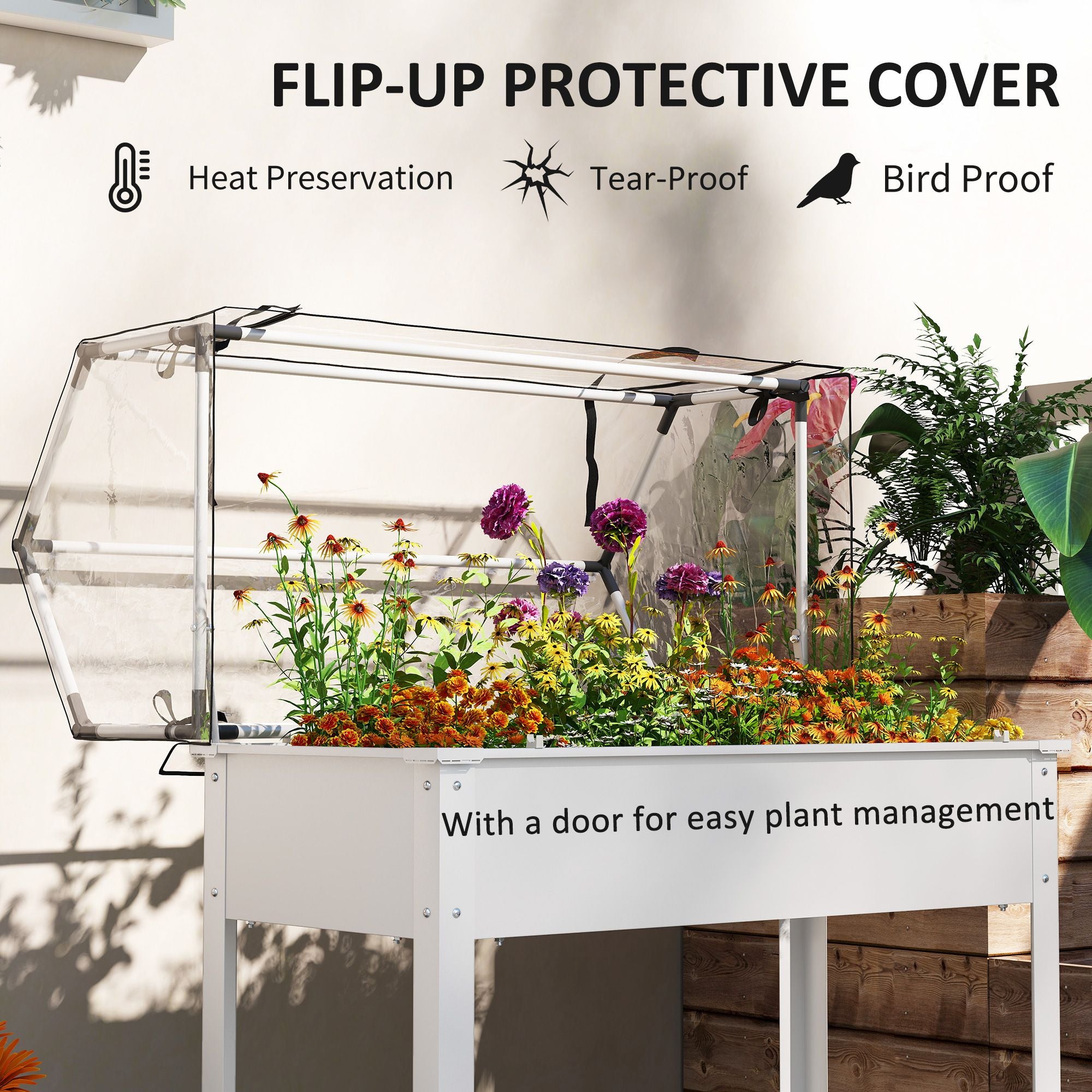Outsunny Elevated Raised Garden Bed with Greenhouse Cover, White