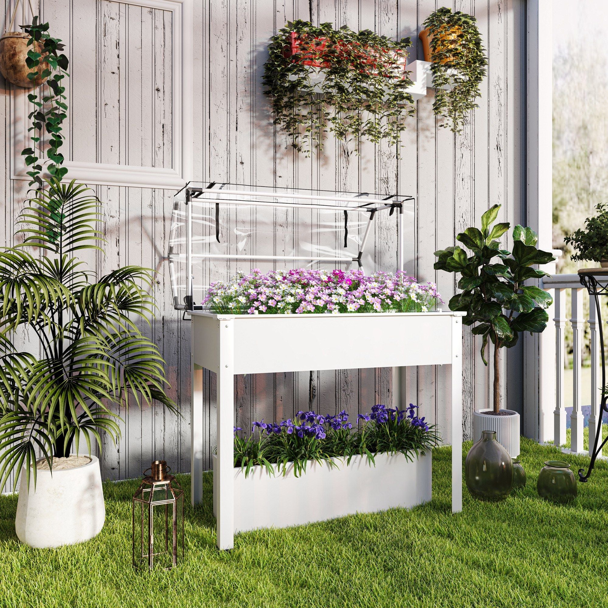 Outsunny Elevated Raised Garden Bed with Greenhouse Cover, White