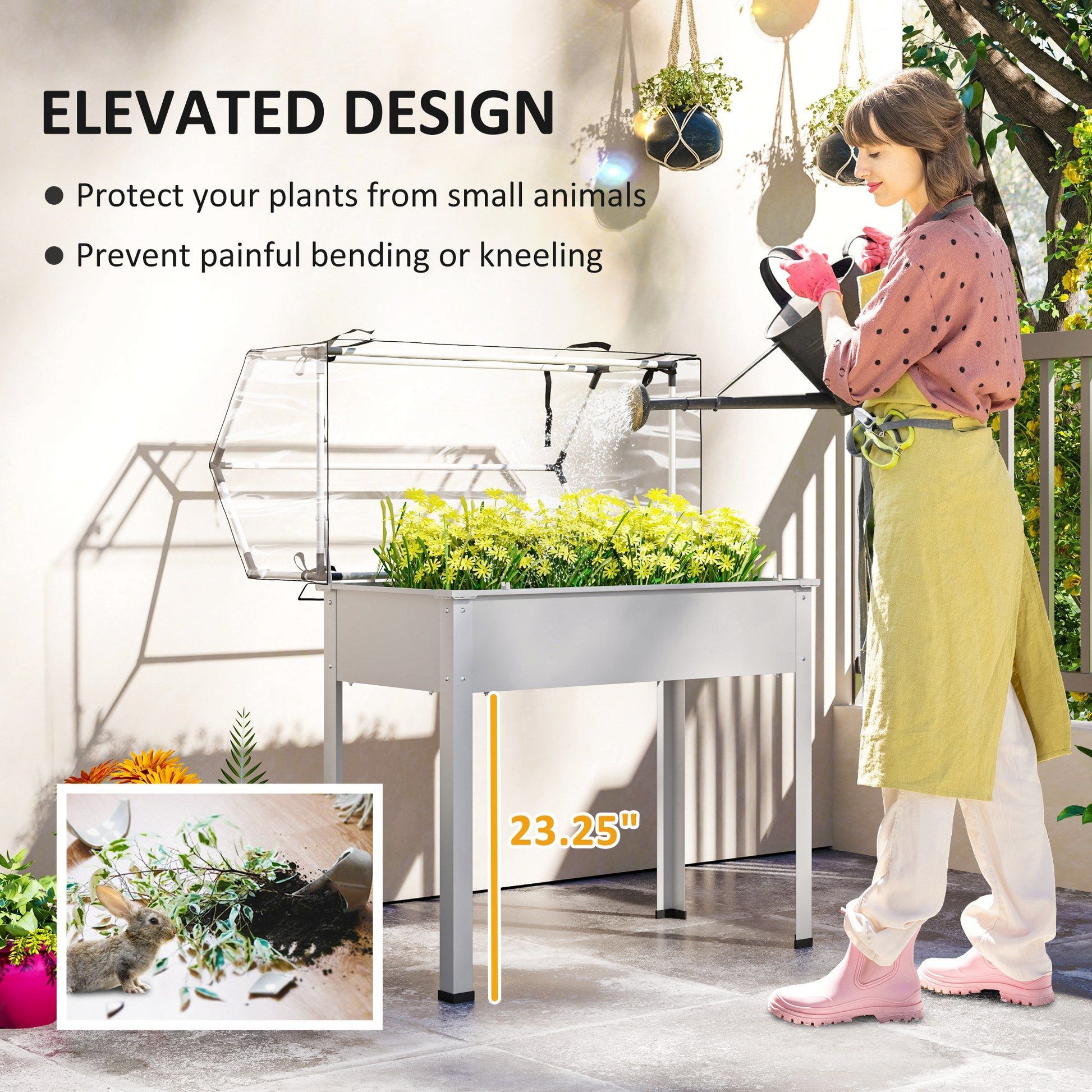 Outsunny Elevated Raised Garden Bed with Greenhouse Cover, White