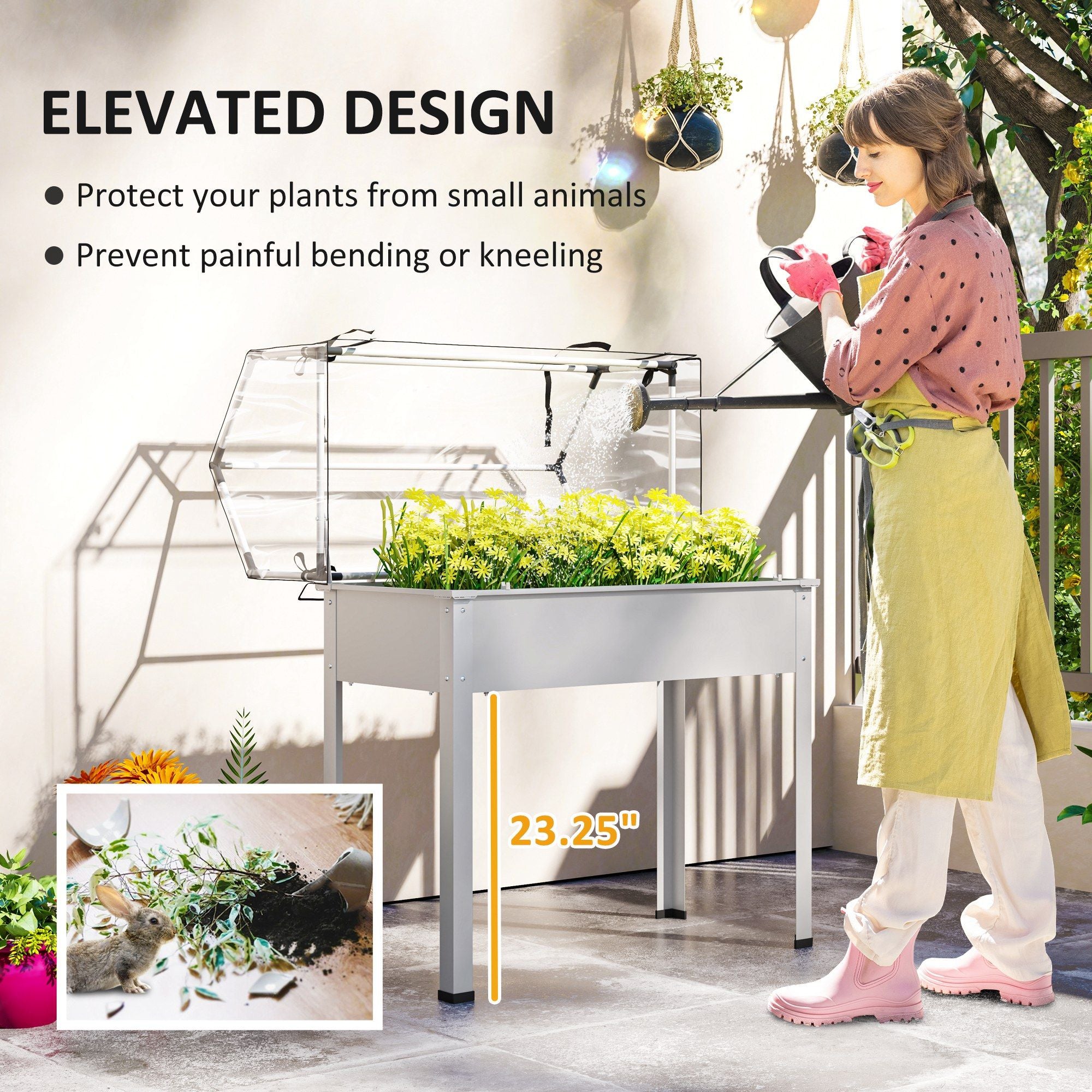 Outsunny Elevated Raised Garden Bed with Greenhouse Cover, White