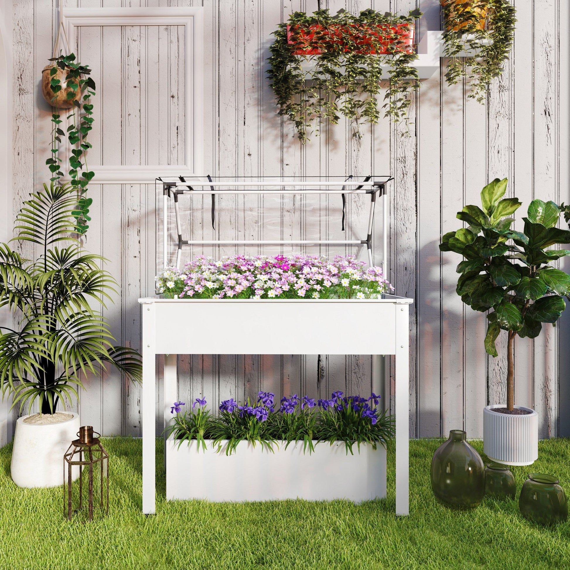 Outsunny Elevated Raised Garden Bed with Greenhouse Cover, White
