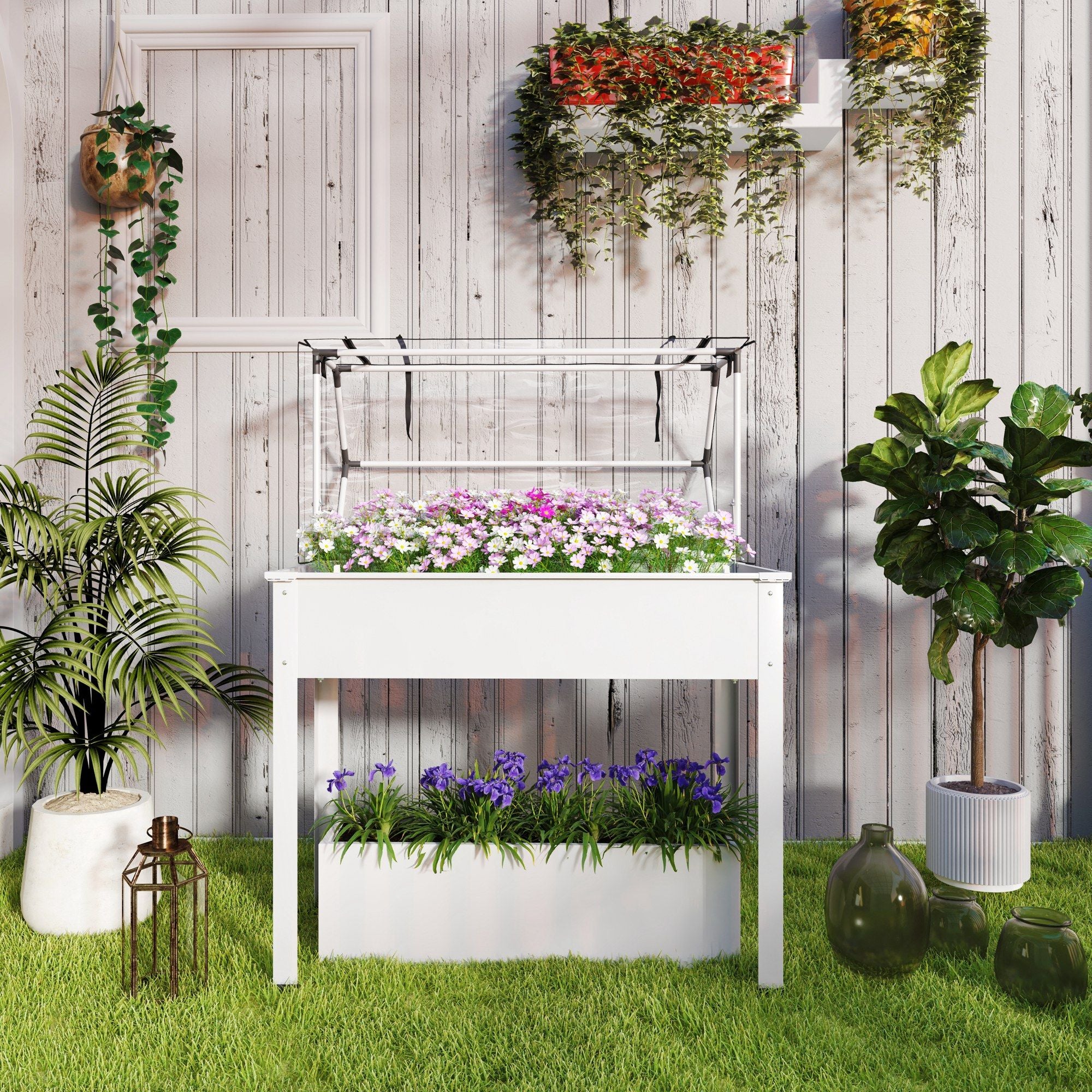 Outsunny Elevated Raised Garden Bed with Greenhouse Cover, White