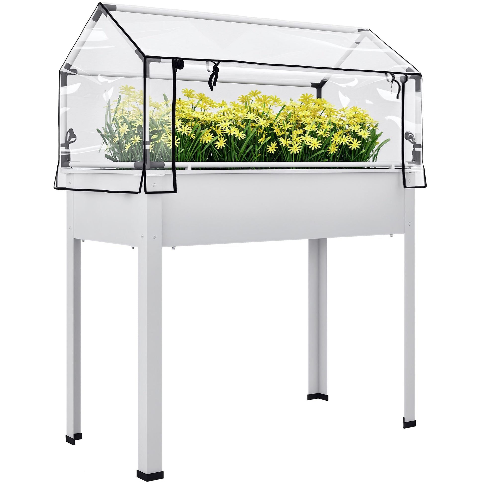 Outsunny Elevated Raised Garden Bed with Greenhouse Cover, White