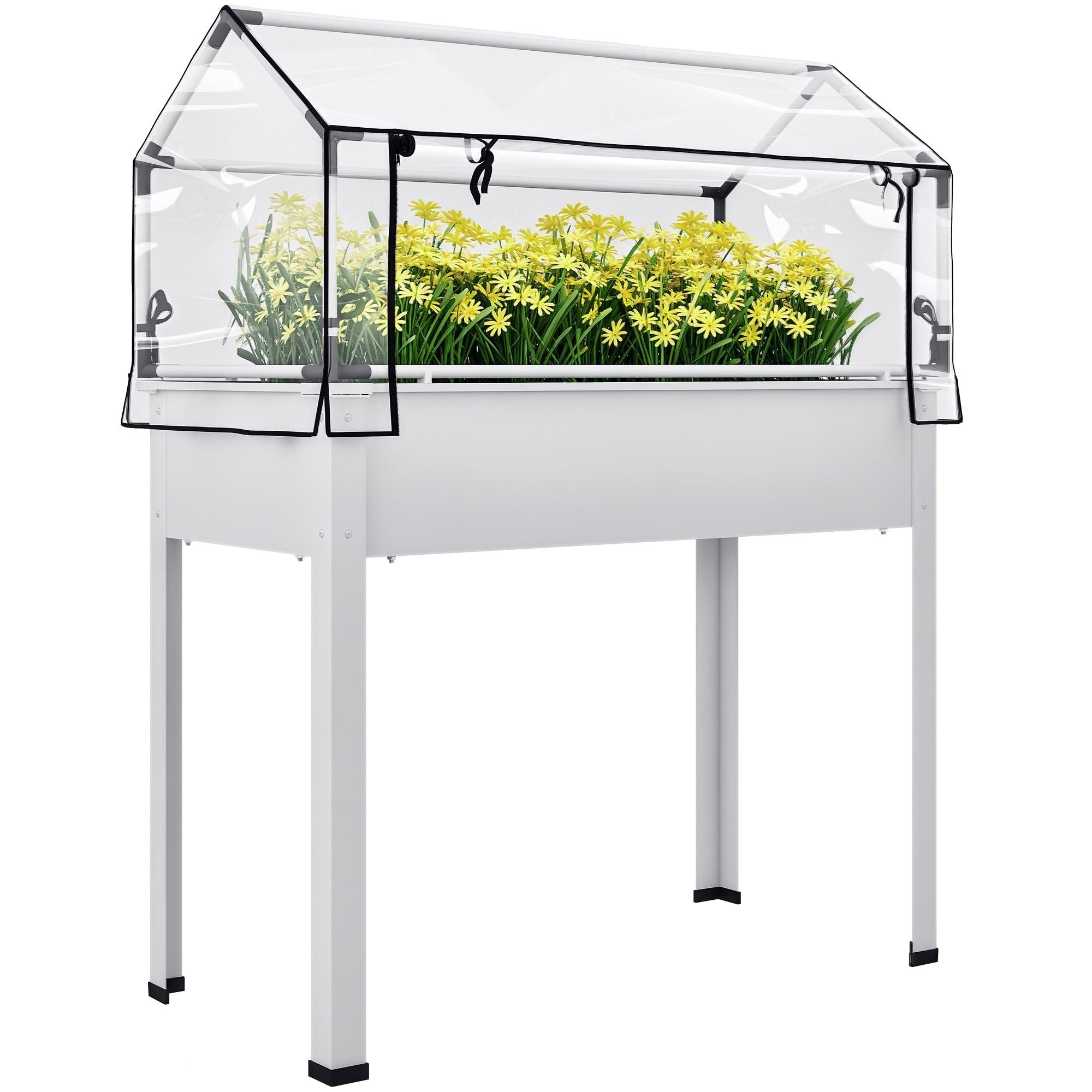 Outsunny Elevated Raised Garden Bed with Greenhouse Cover, White