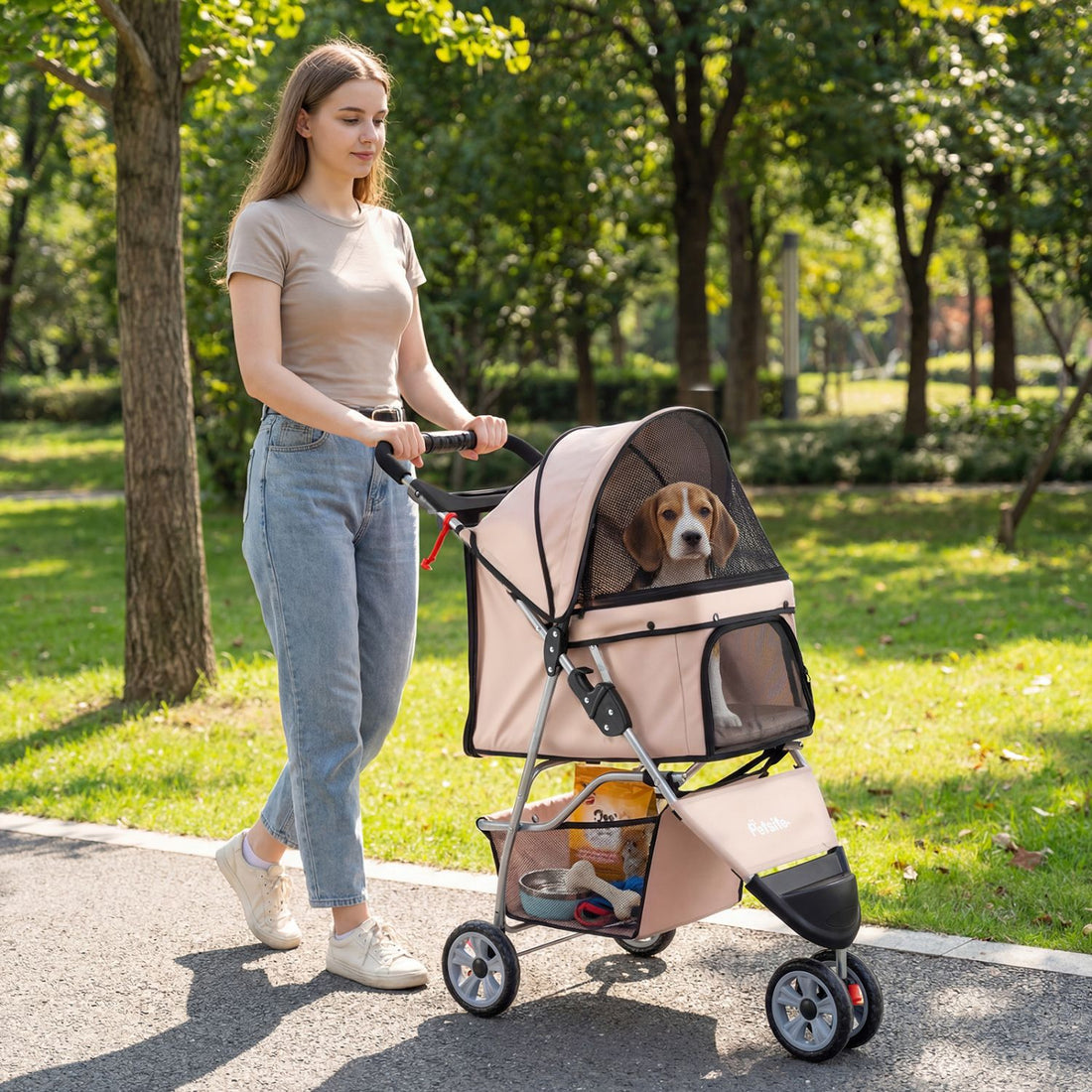 3 Wheel Pet Stroller for Small Dogs Cats up to 33 LBS - Beige