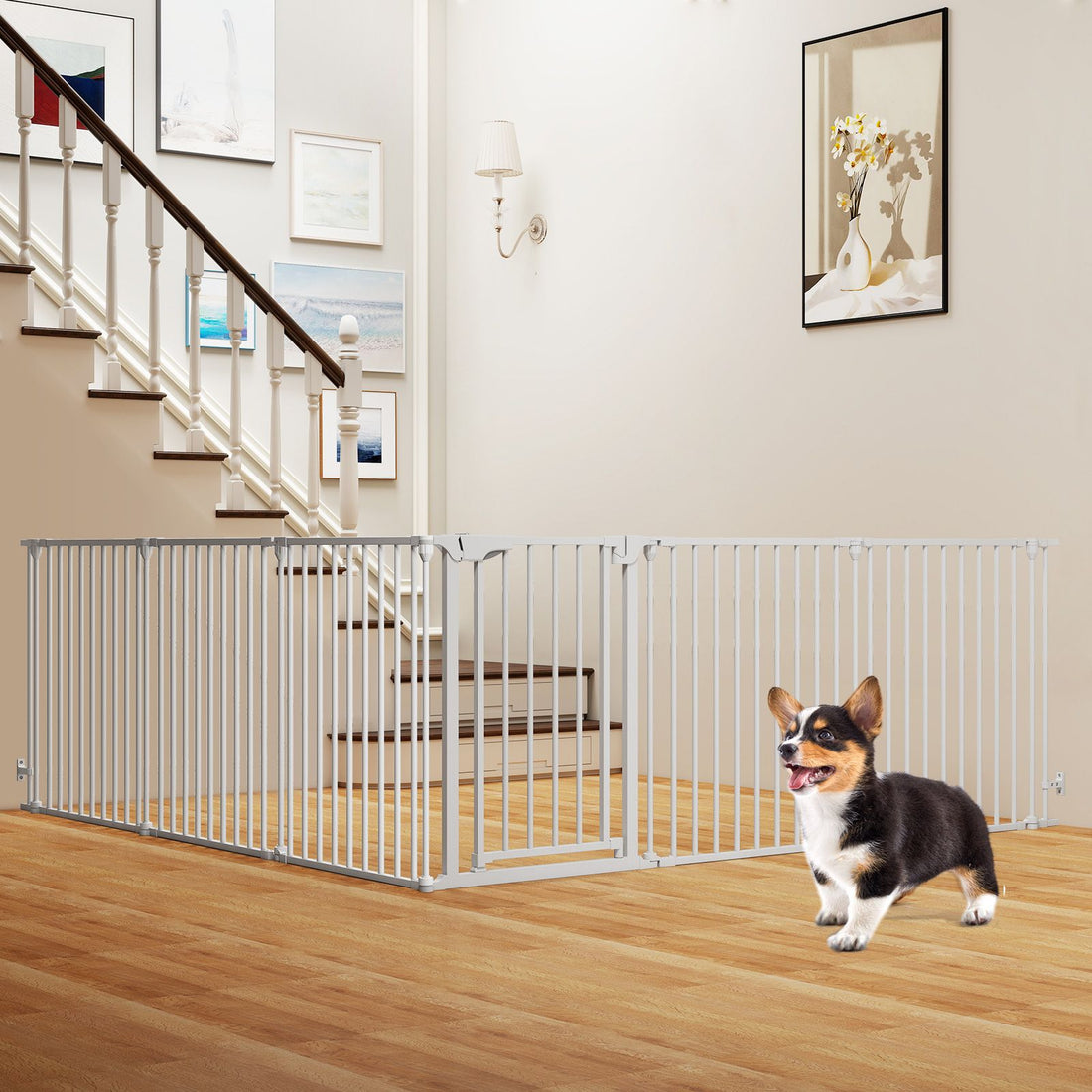Extra Wide Baby Gate Fits 34.5-154" Openings 6-Panel Adjustable Pet Safety Fence - White
