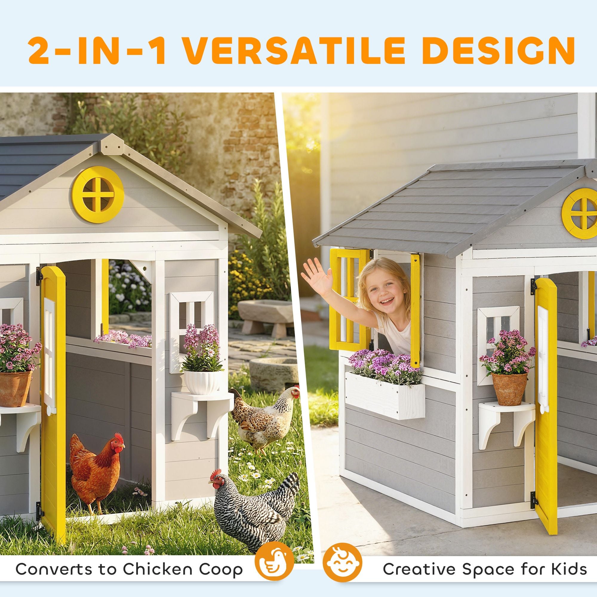 Outsunny Wooden Outdoor Playhouse for Kids Ages 3-8, Gray