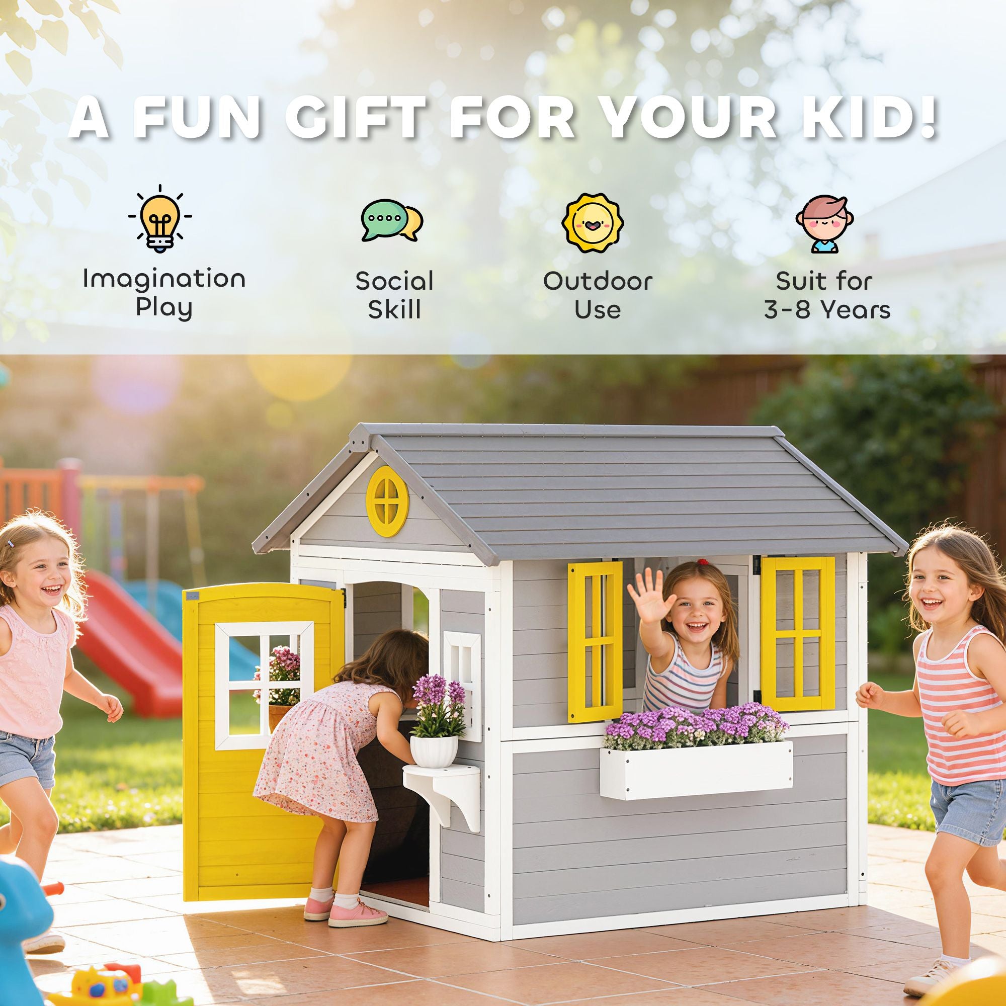 Outsunny Wooden Outdoor Playhouse for Kids Ages 3-8, Gray