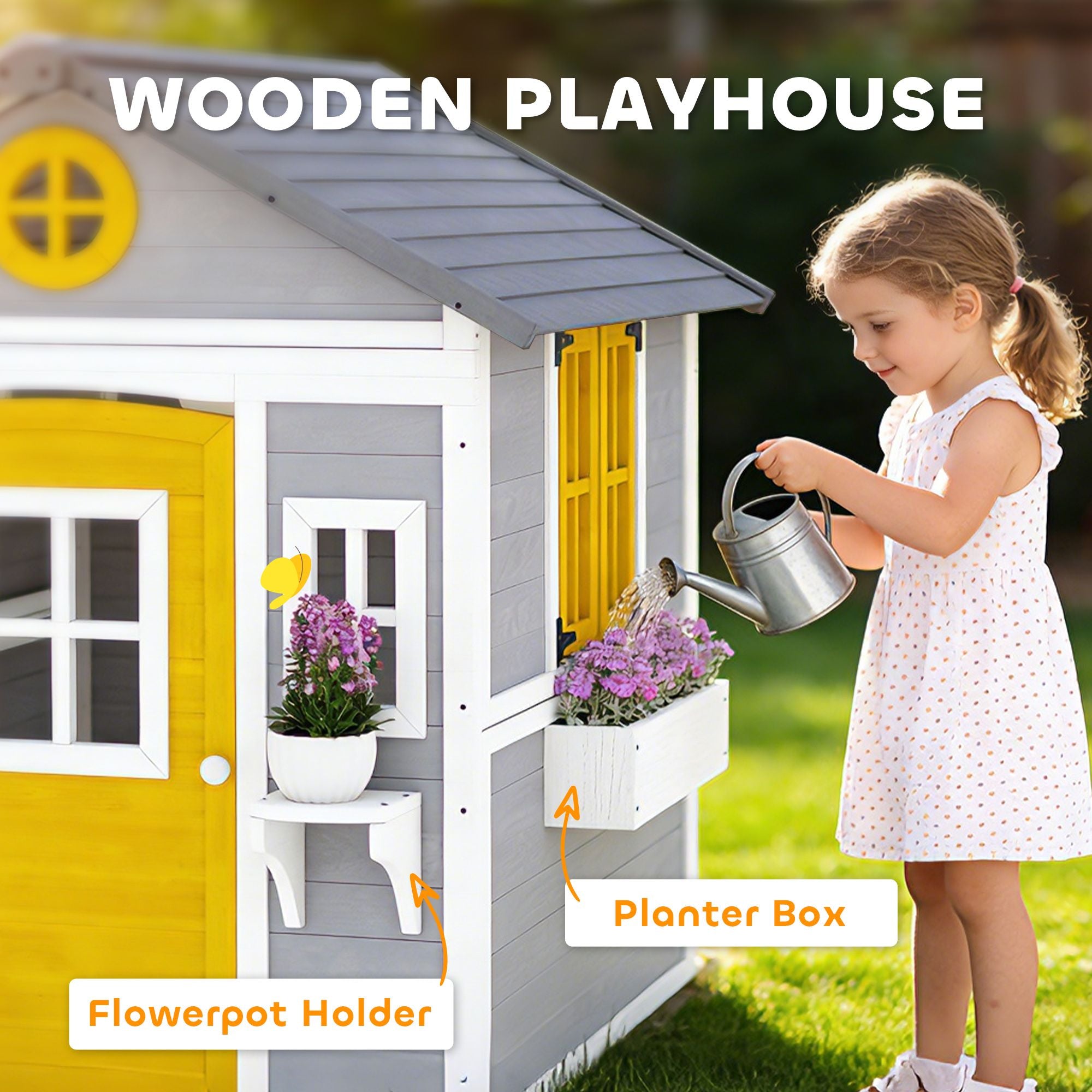 Outsunny Wooden Outdoor Playhouse for Kids Ages 3-8, Gray