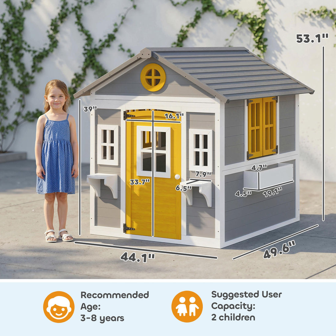 Outsunny Wooden Outdoor Playhouse for Kids Ages 3-8, Gray