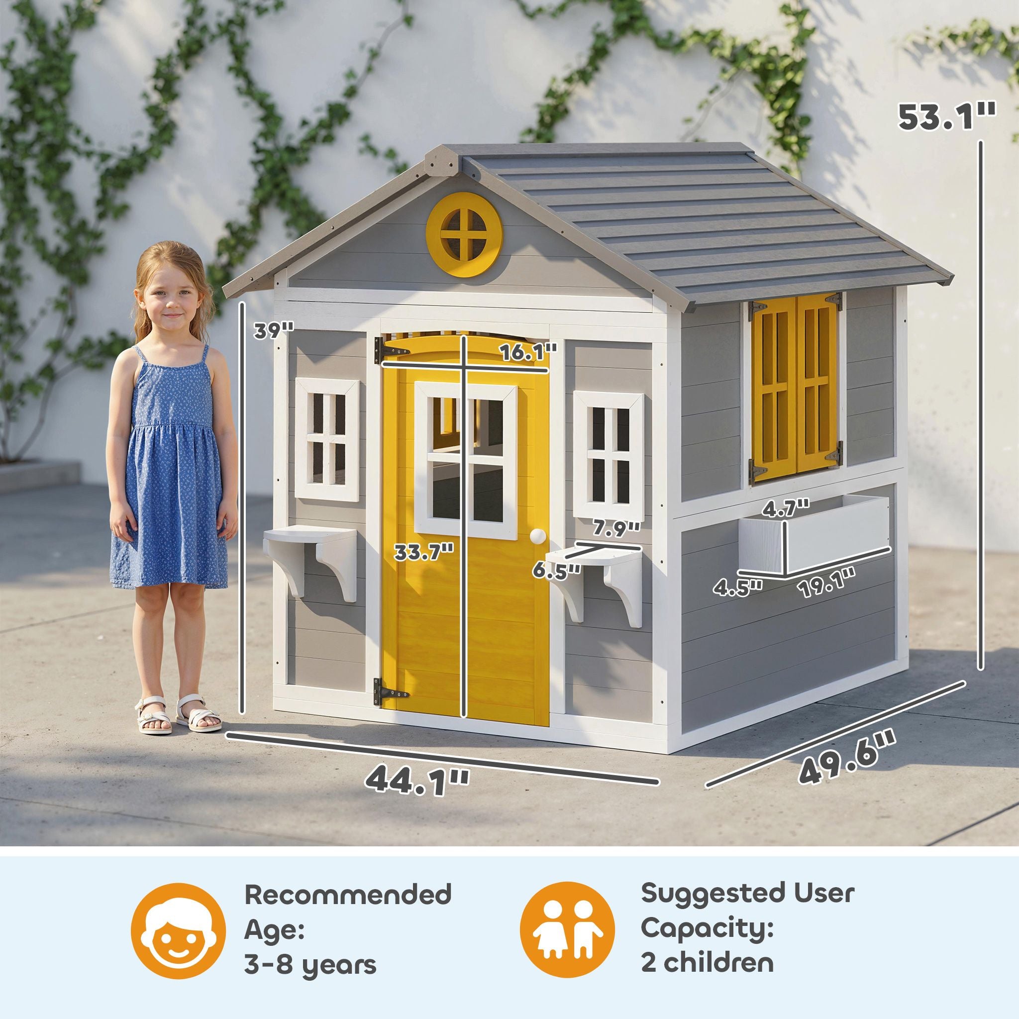 Outsunny Wooden Outdoor Playhouse for Kids Ages 3-8, Gray