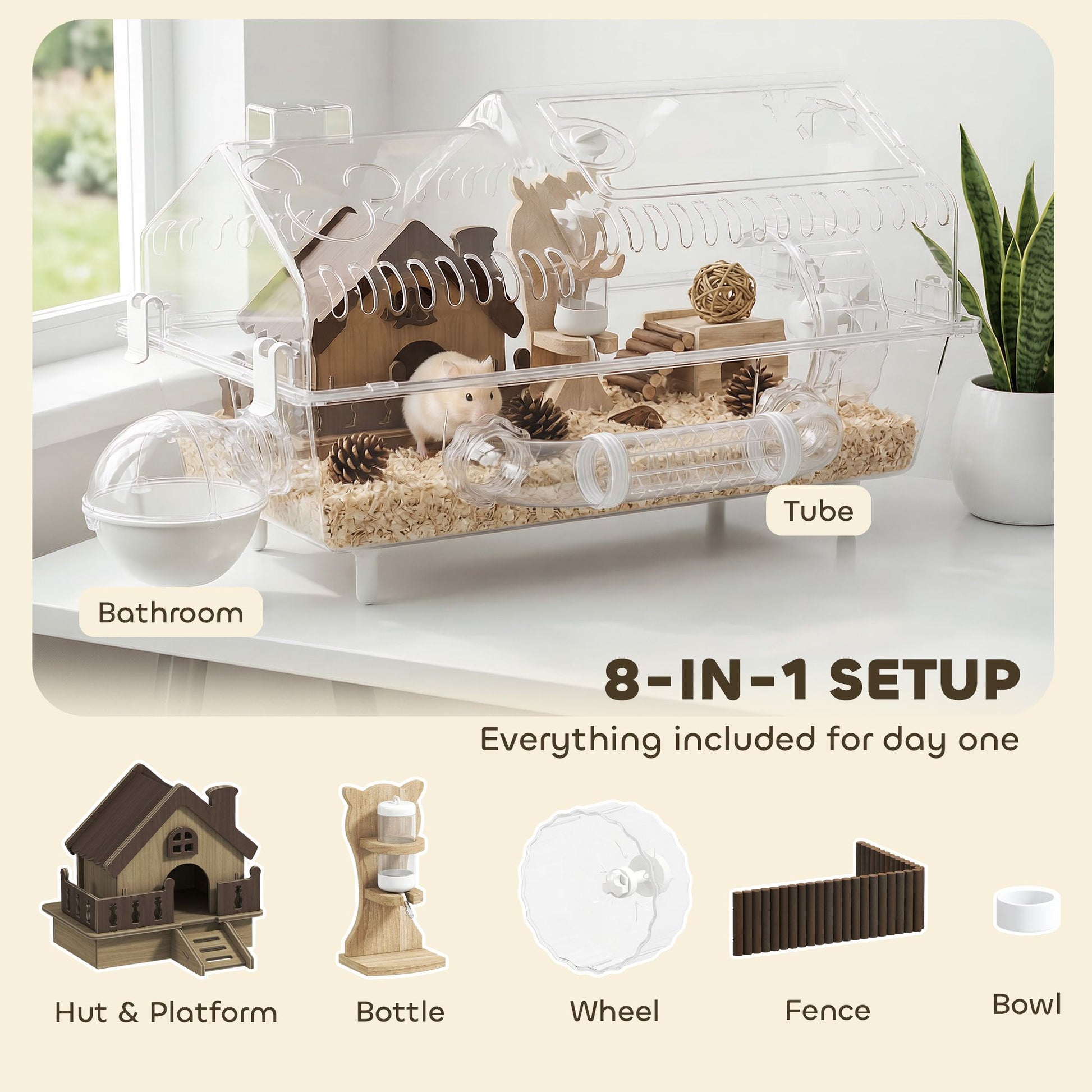 PawHut Hamster Cage with Exercise Wheel, Hideout and Accessories, Clear - product view 3