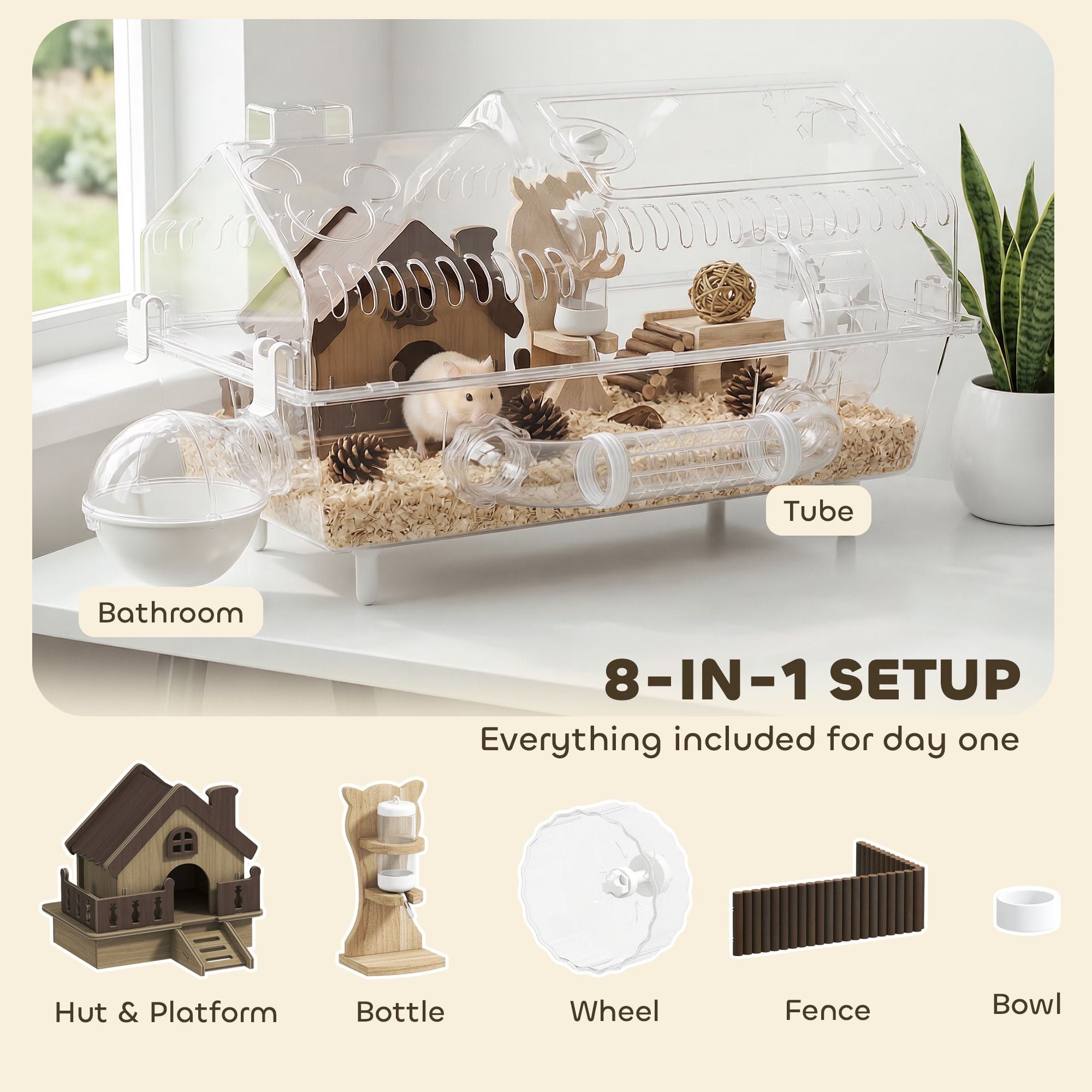 PawHut Hamster Cage with Exercise Wheel, Hideout and Accessories, Clear - product view 3