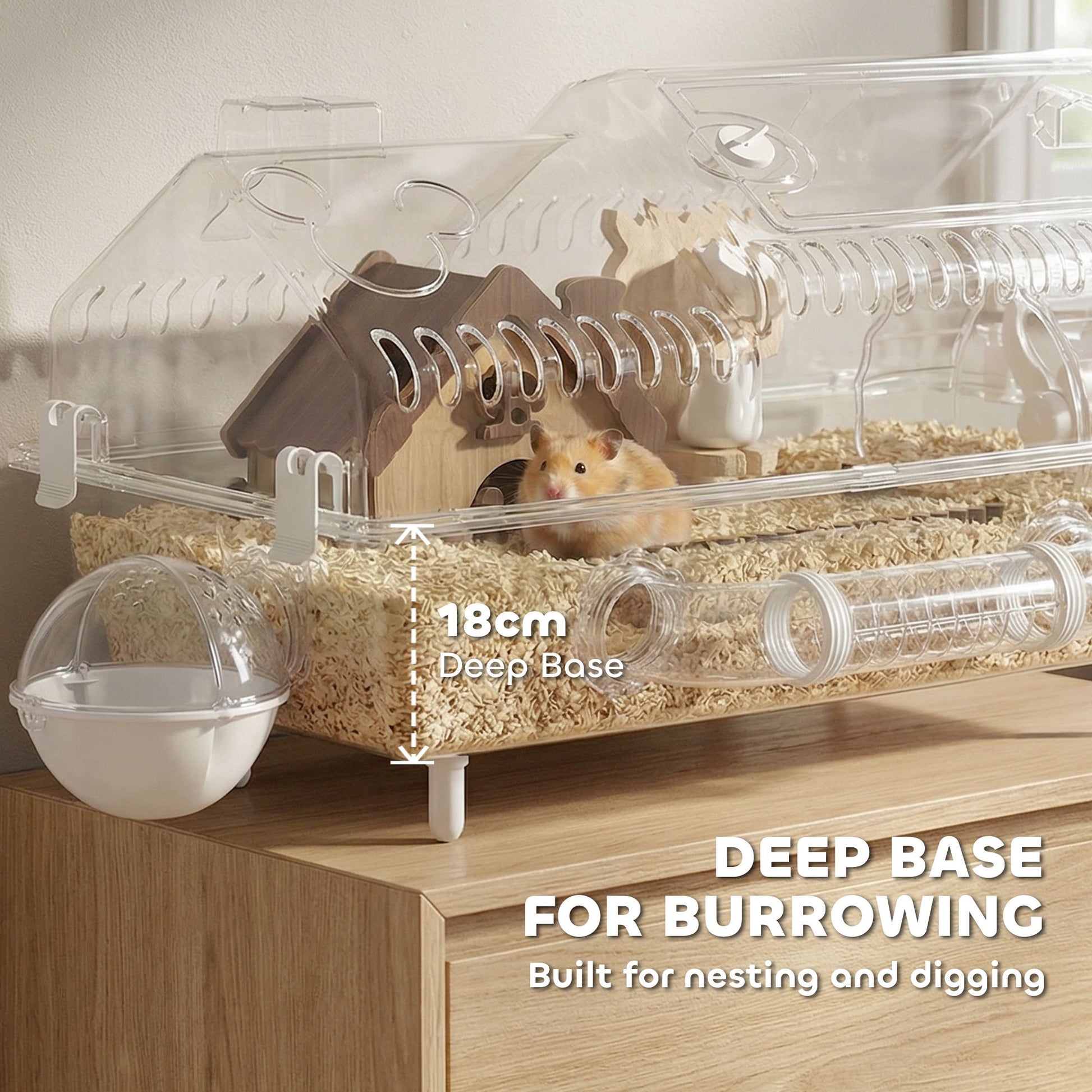 PawHut Hamster Cage with Exercise Wheel, Hideout and Accessories, Clear - product view 4