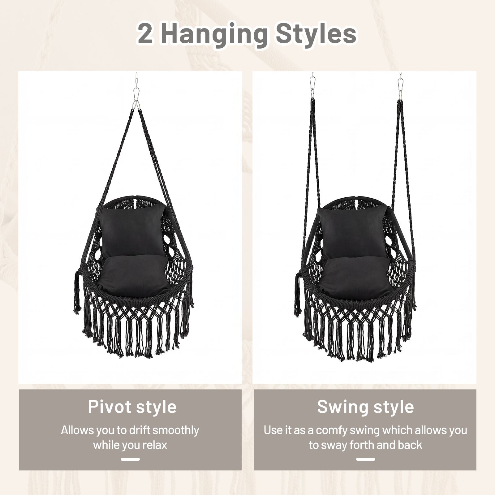 Hanging Hammock Chair with Soft Seat Cushions and Sturdy Rope Chain