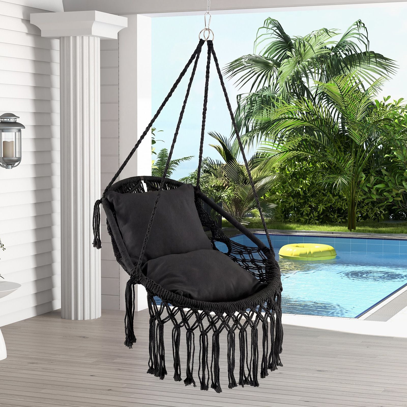 Hanging Hammock Chair with Soft Seat Cushions and Sturdy Rope Chain - Black