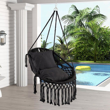 Hanging Hammock Chair with Soft Seat Cushions and Sturdy Rope Chain - Black