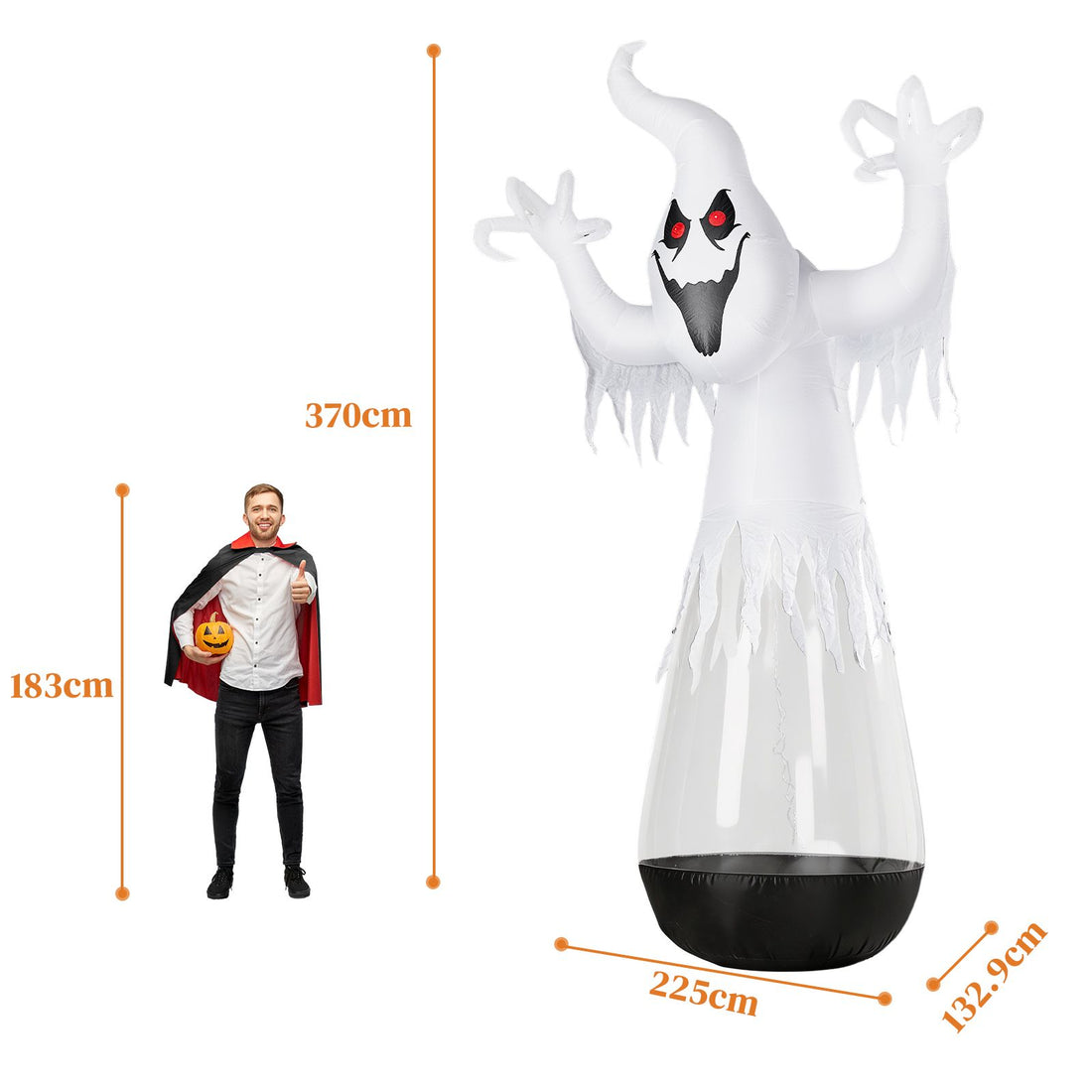 12ft Inflatable Halloween Decor Half-Body Clear PVC White Ghost with 2 LED Lights & 1 Stage Light, Black & White, 12V 2000mA US Power Adapter