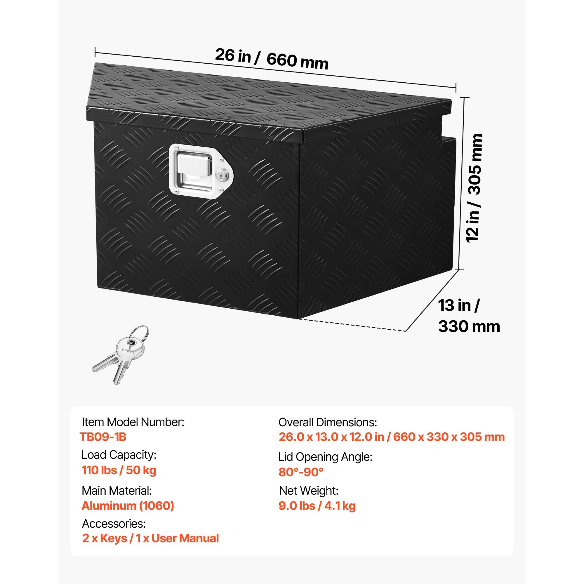 VEVOR 26 x 13 x 12 in Aluminum Trailer Tongue Tool Box
