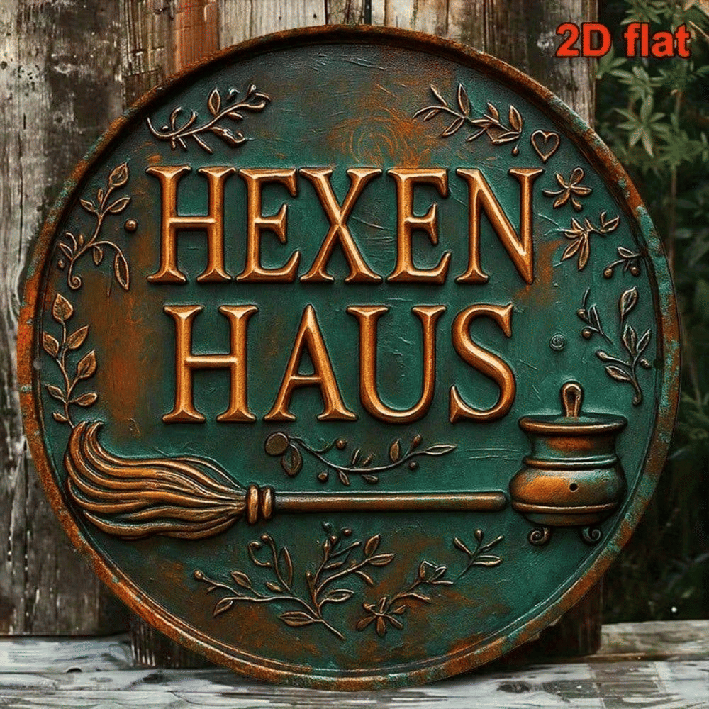 Vintage Witch's House 8x8 Inch Round Aluminum Sign, Gothic Halloween Wall Art, French Decorative Plaque For Living Room Home Home Decor
