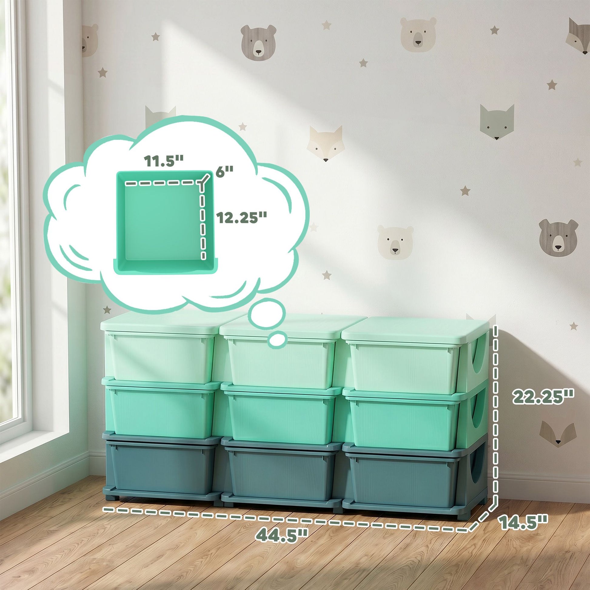 Qaba 3-Tier Kids Toy Storage Organizer with 9 Drawers, Green