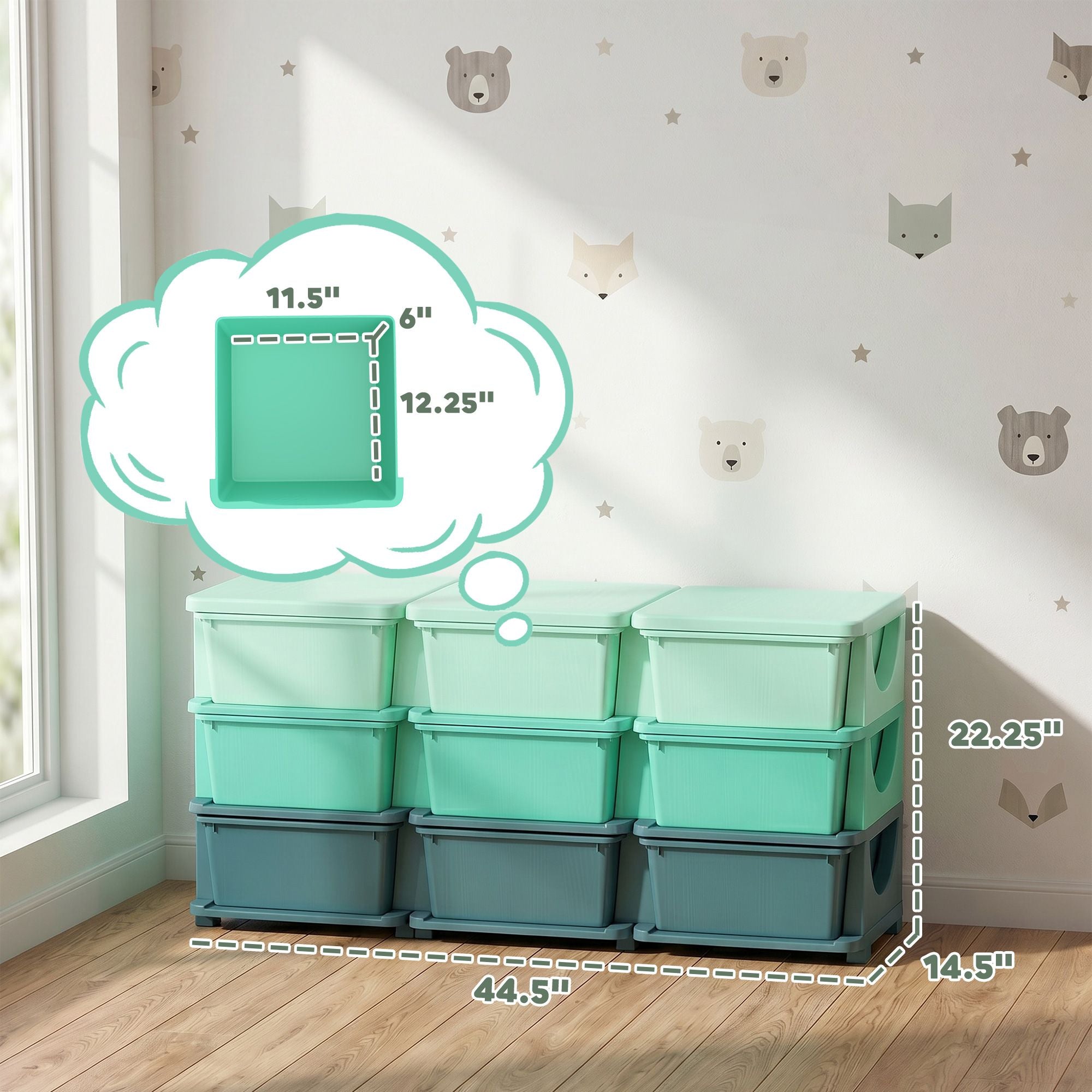 Qaba 3-Tier Kids Toy Storage Organizer with 9 Drawers, Green